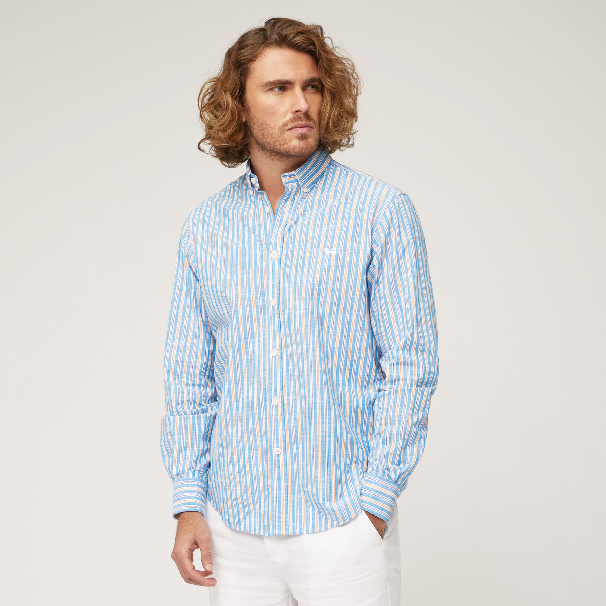 Camicia In Cotone Fiammato A Righe, Azzurro, large image number 0