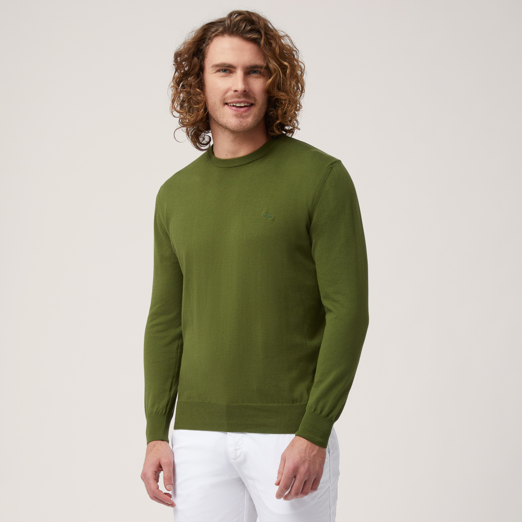 Pullover Girocollo In Cotone, Verde, large image number 0