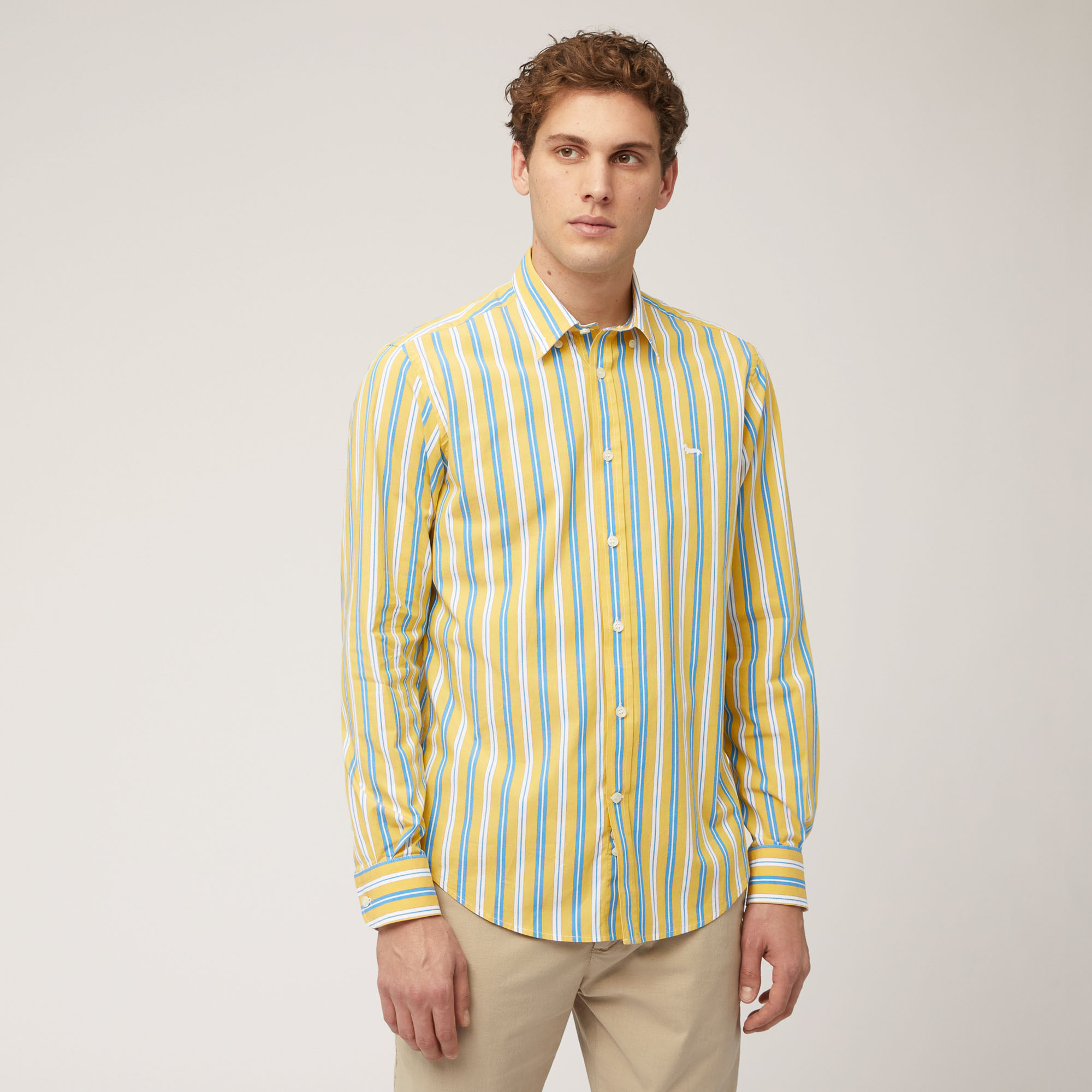Camicia In Cotone Stretch A Righe Alternate, Oro, large image number 0