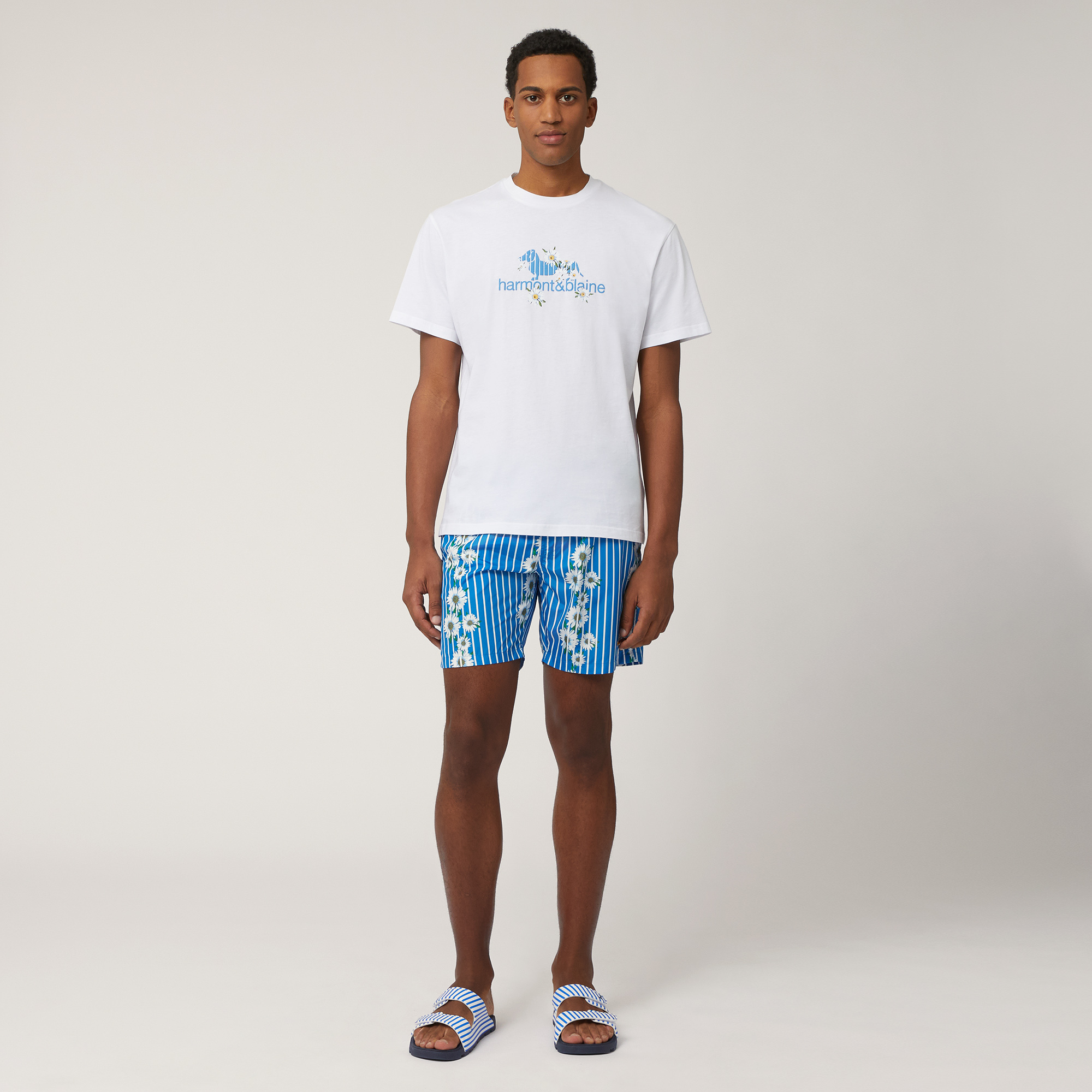 Swim Trunks with Stripes and Daisies, Light Blue, large image number 3