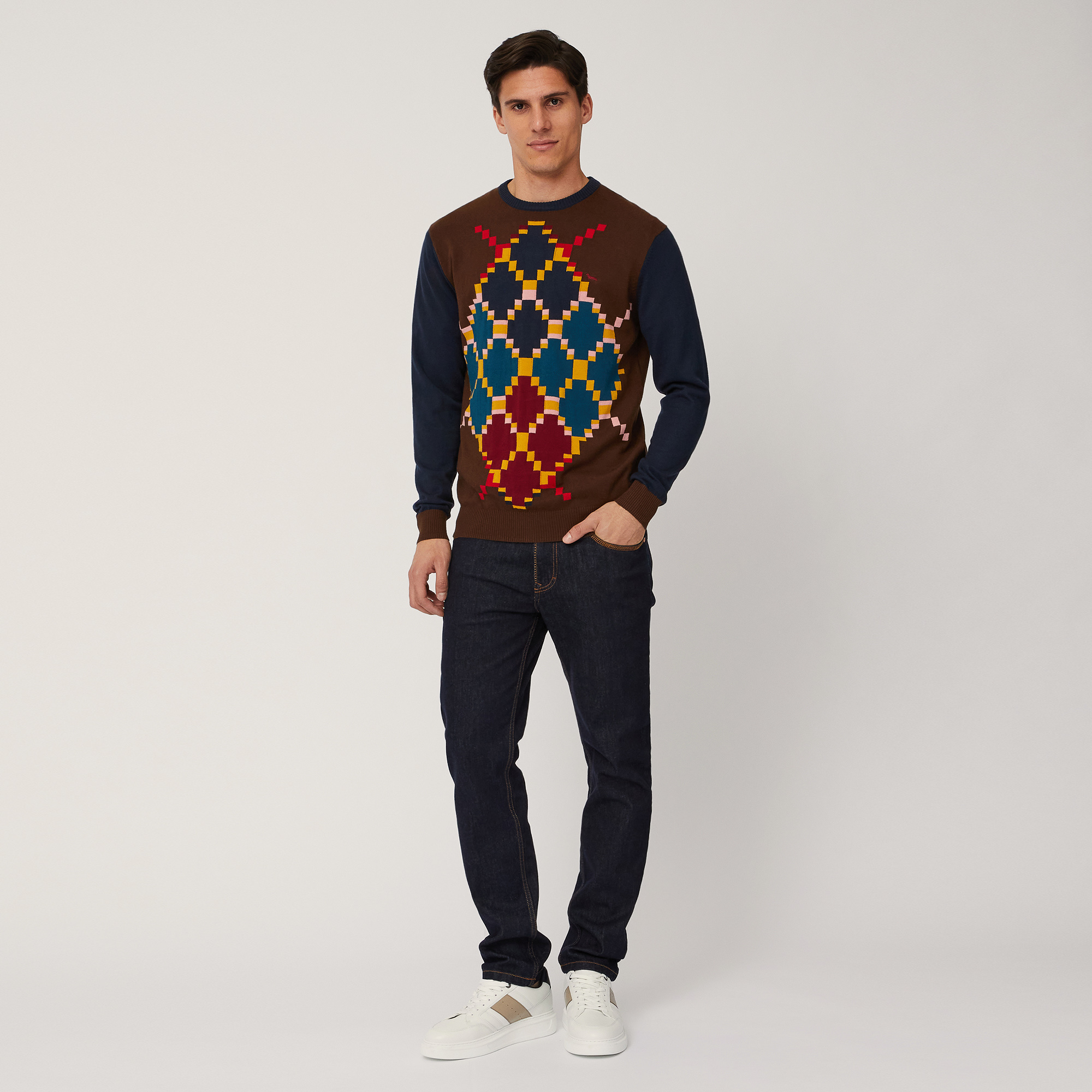 Pullover with Multicolor Diamonds, Brown, large image number 3