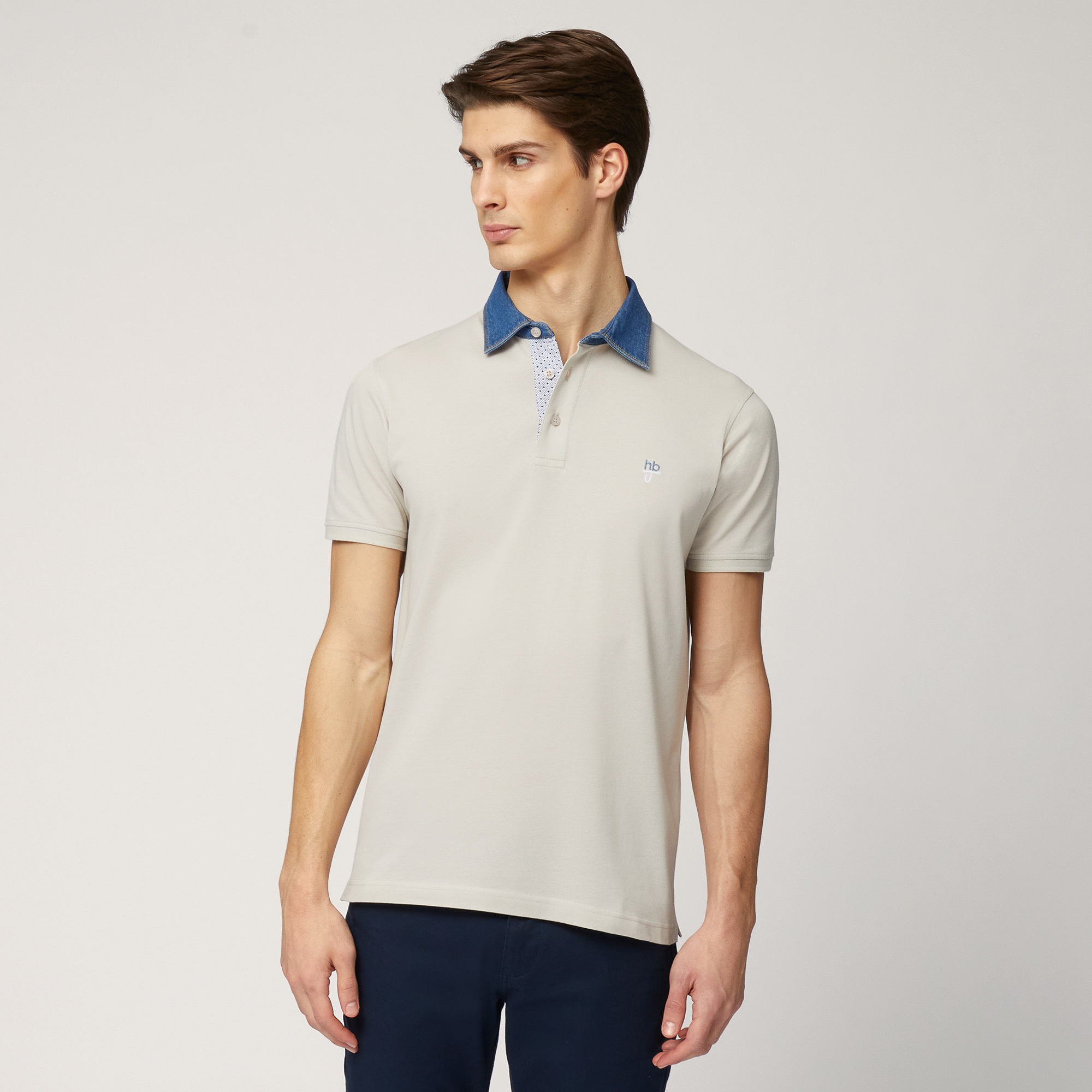 Polo-Shirt with Denim Collar, Sand, large