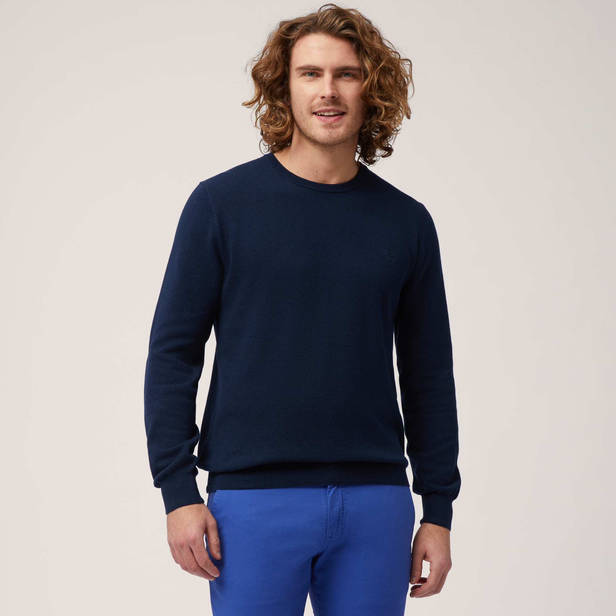 3D-Effect Crew Neck Pullover, Night Blue, large