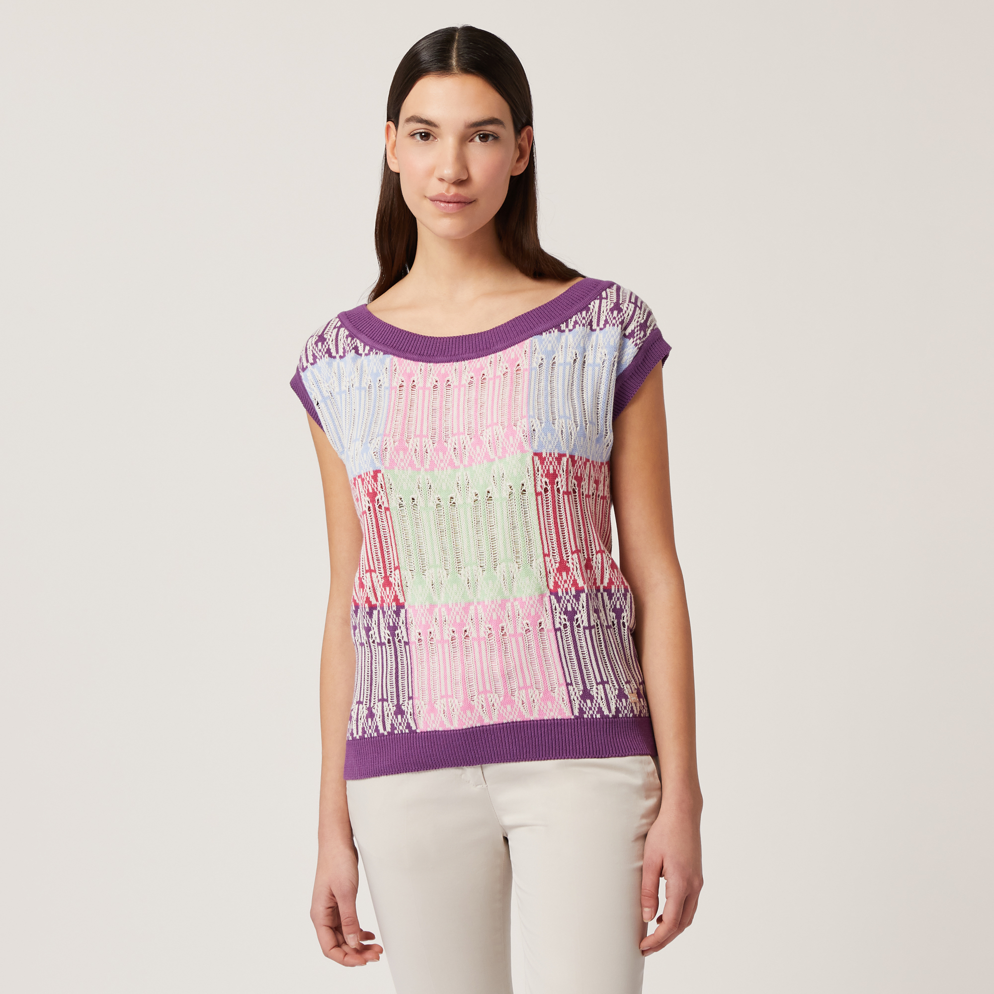 Maglia Smanicata Jacquard, Viola, large image number 0