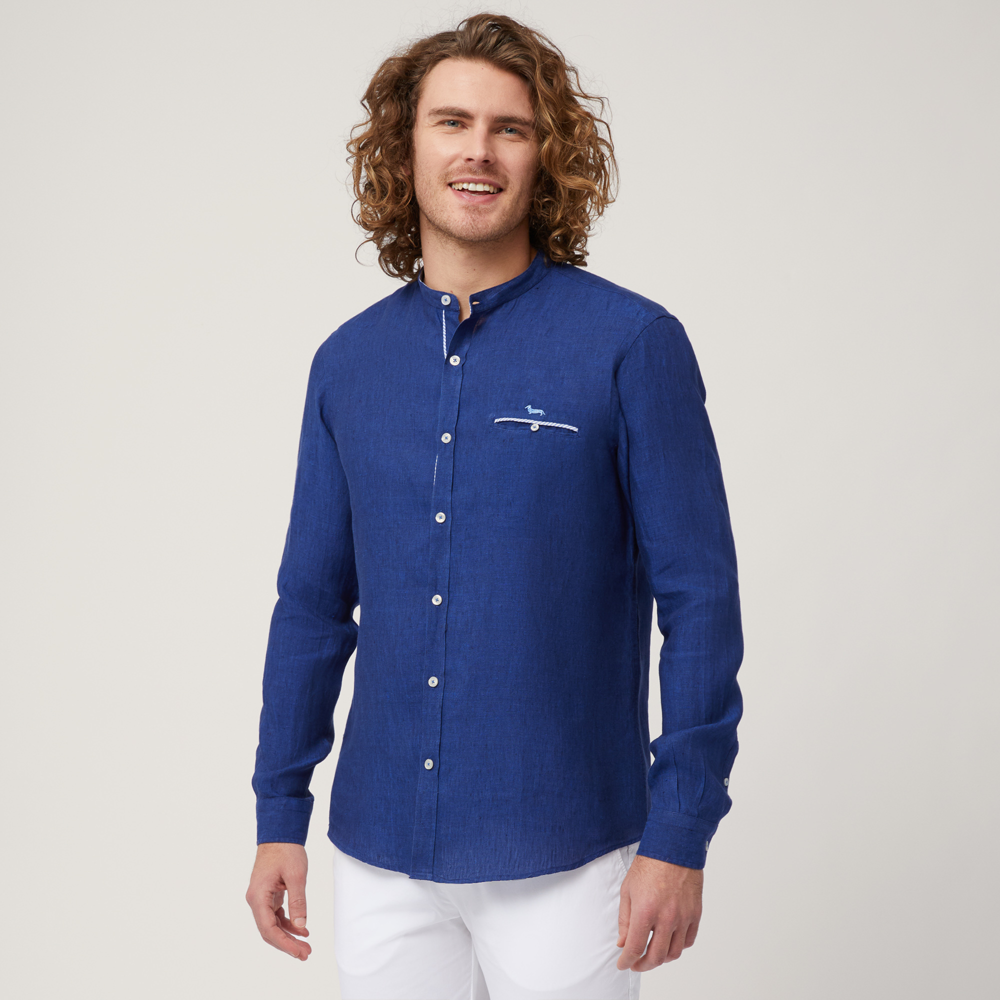 Linen Shirt with Mandarin Collar and Breast Pocket, Blue, large