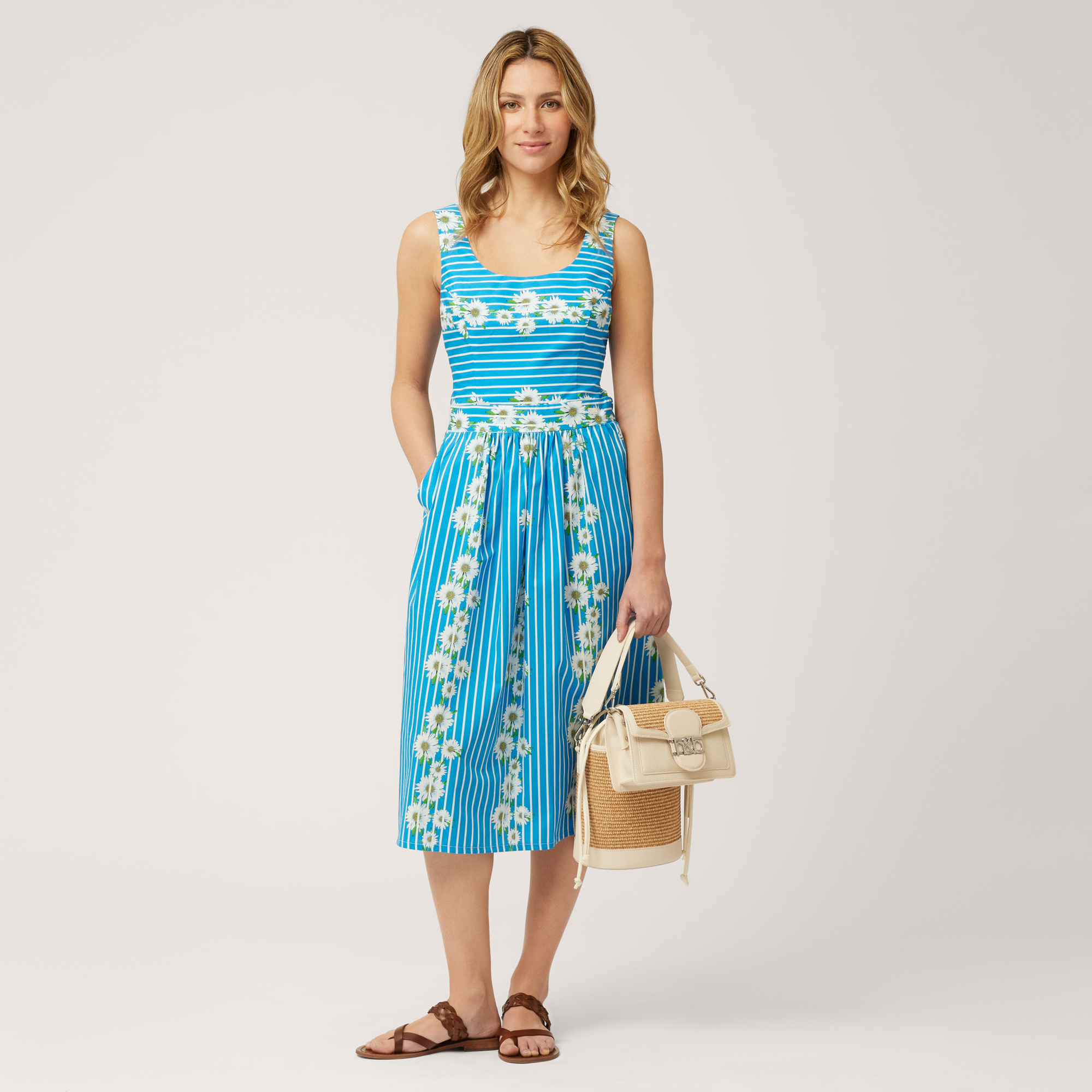 Midi Dress with Stripes and Daisies, Light Blue, large image number 3