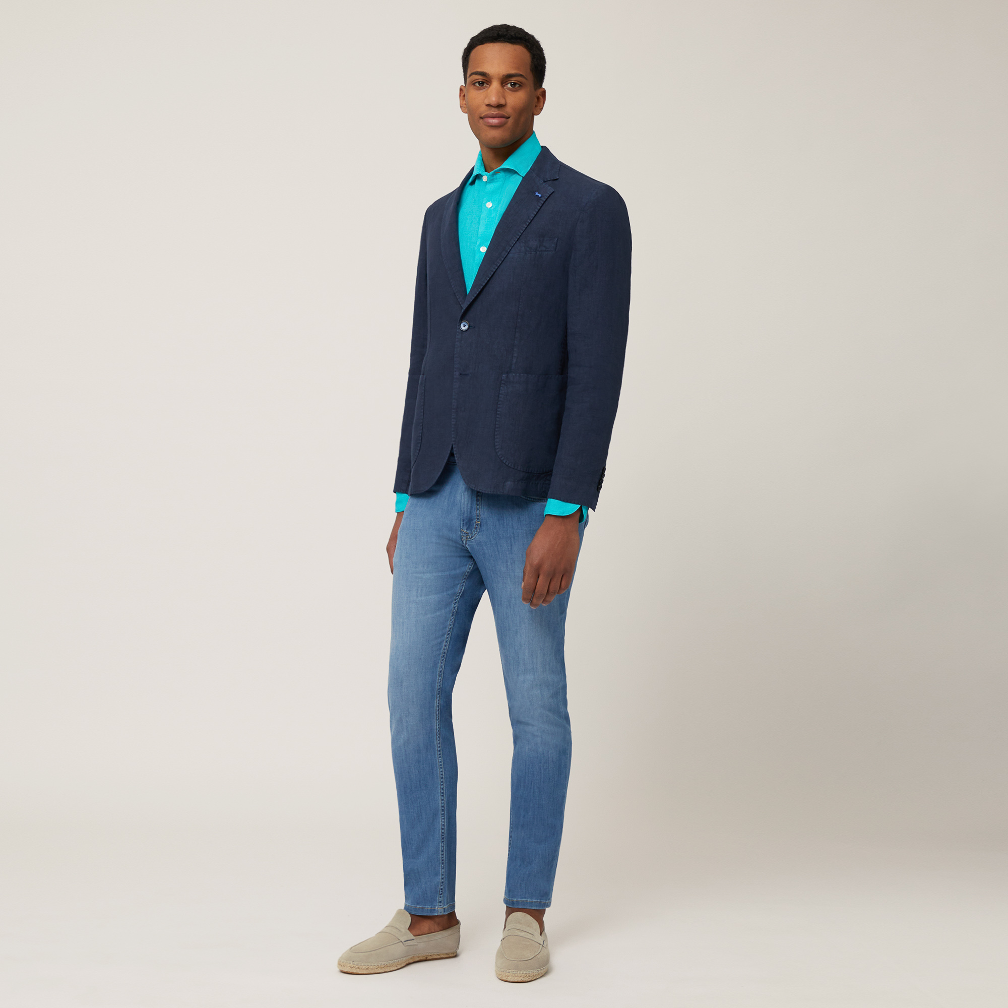 Linen Single-Breasted Jacket, Navy Blue, large image number 3