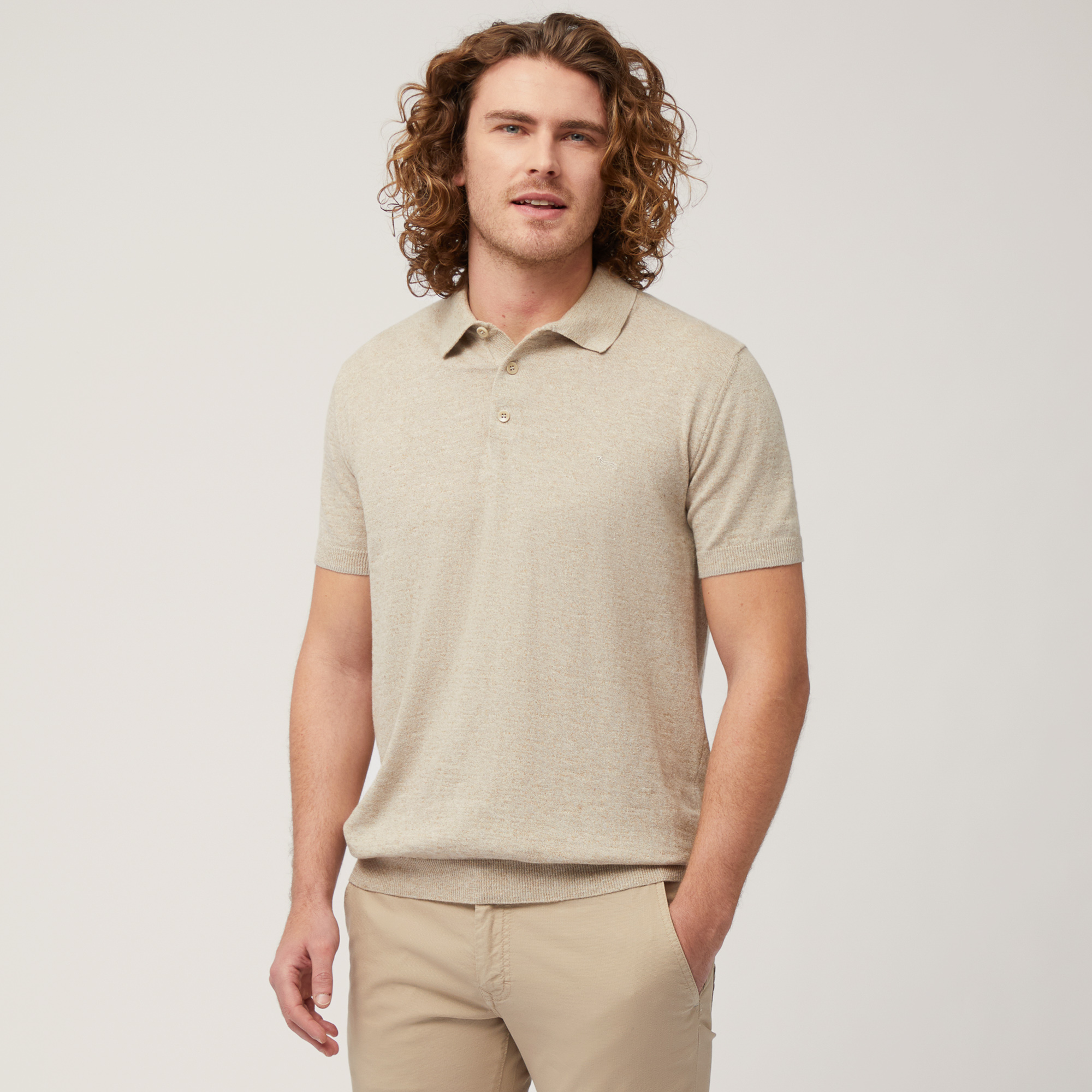 Cotton and Linen Tweed Polo, Beige, large