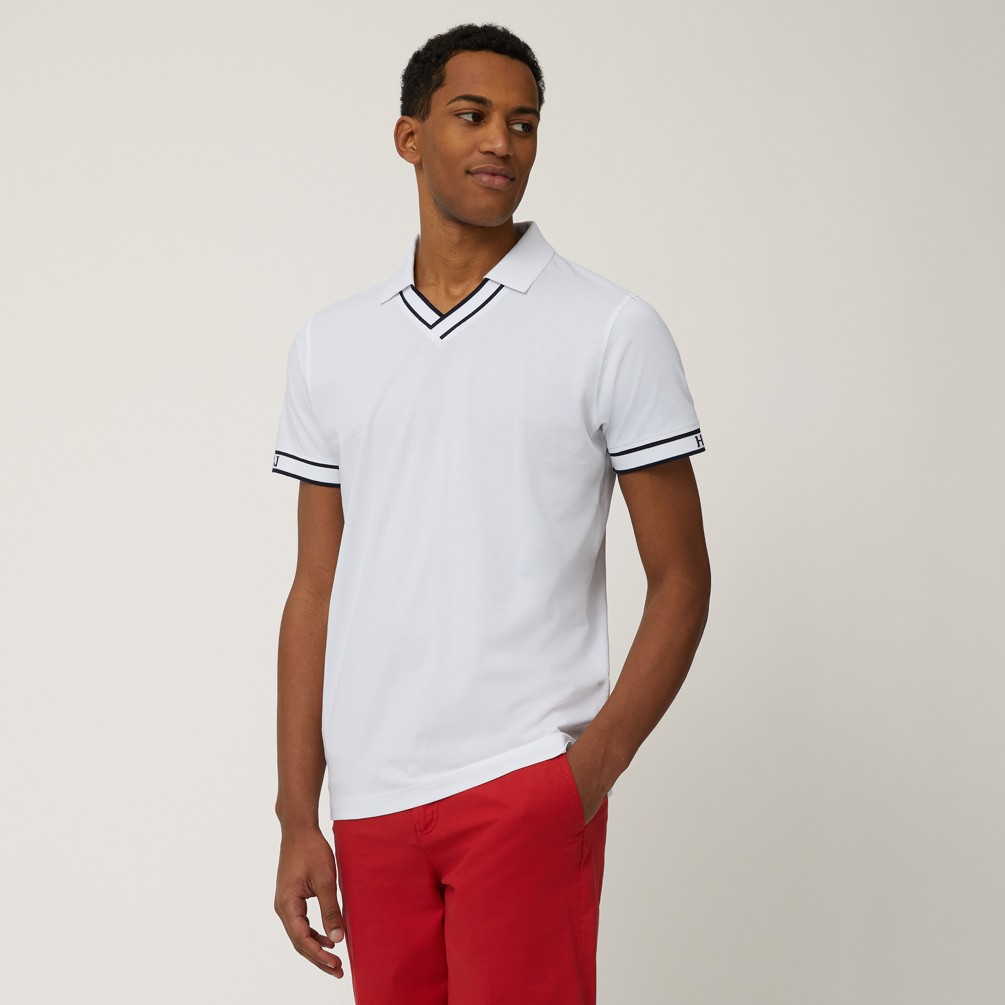 Polo with Jacquard Trims, White, large