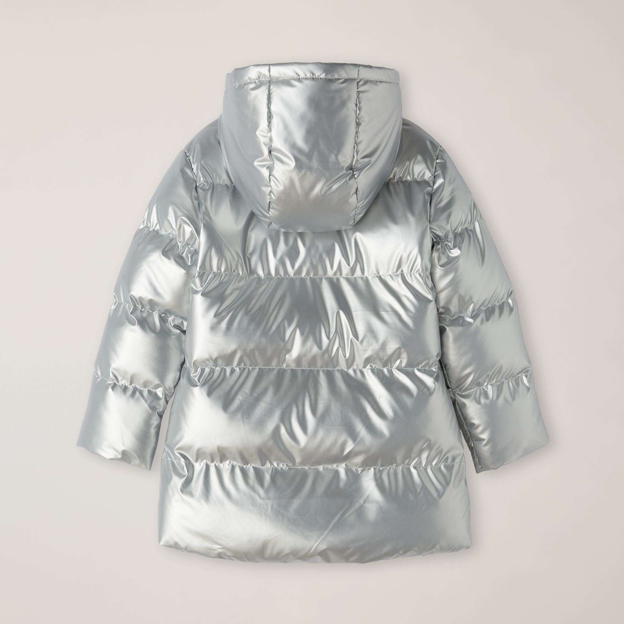 Silver Nylon Long Jacket With Hood And Embroidered Logo, Pearl Grey, large image number 1