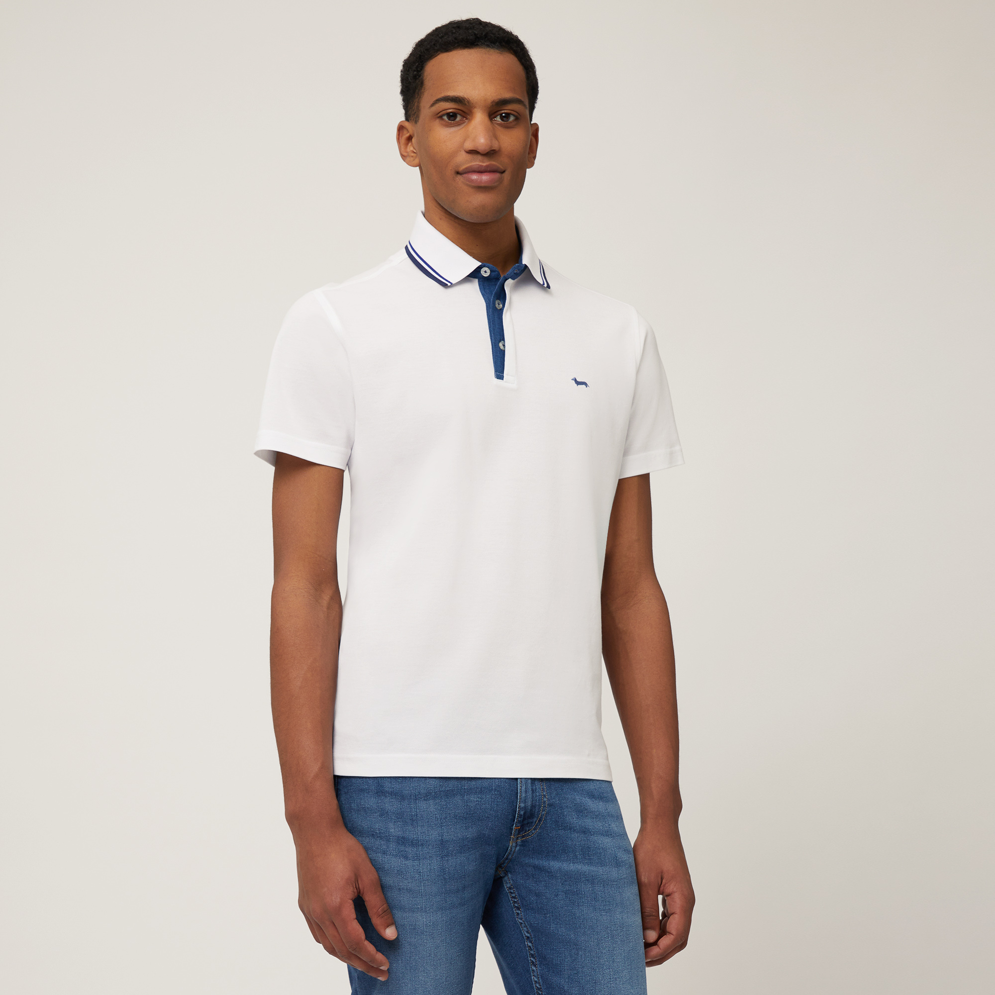 Polo con detalles de denim, Blanco, large