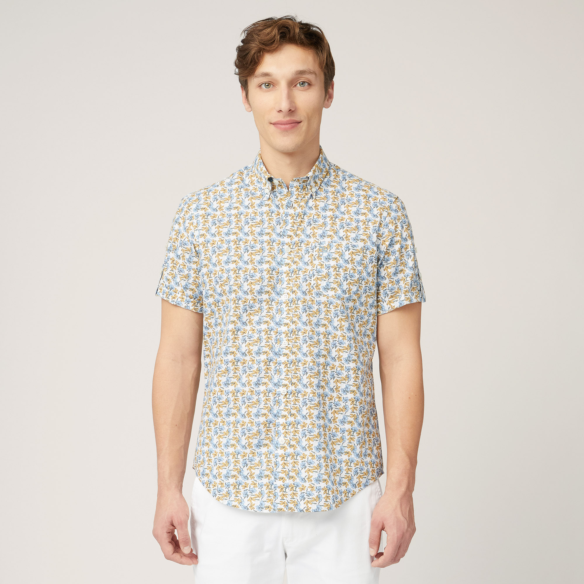 Short-Sleeved Floral Shirt, Peacock Green, large image number 0