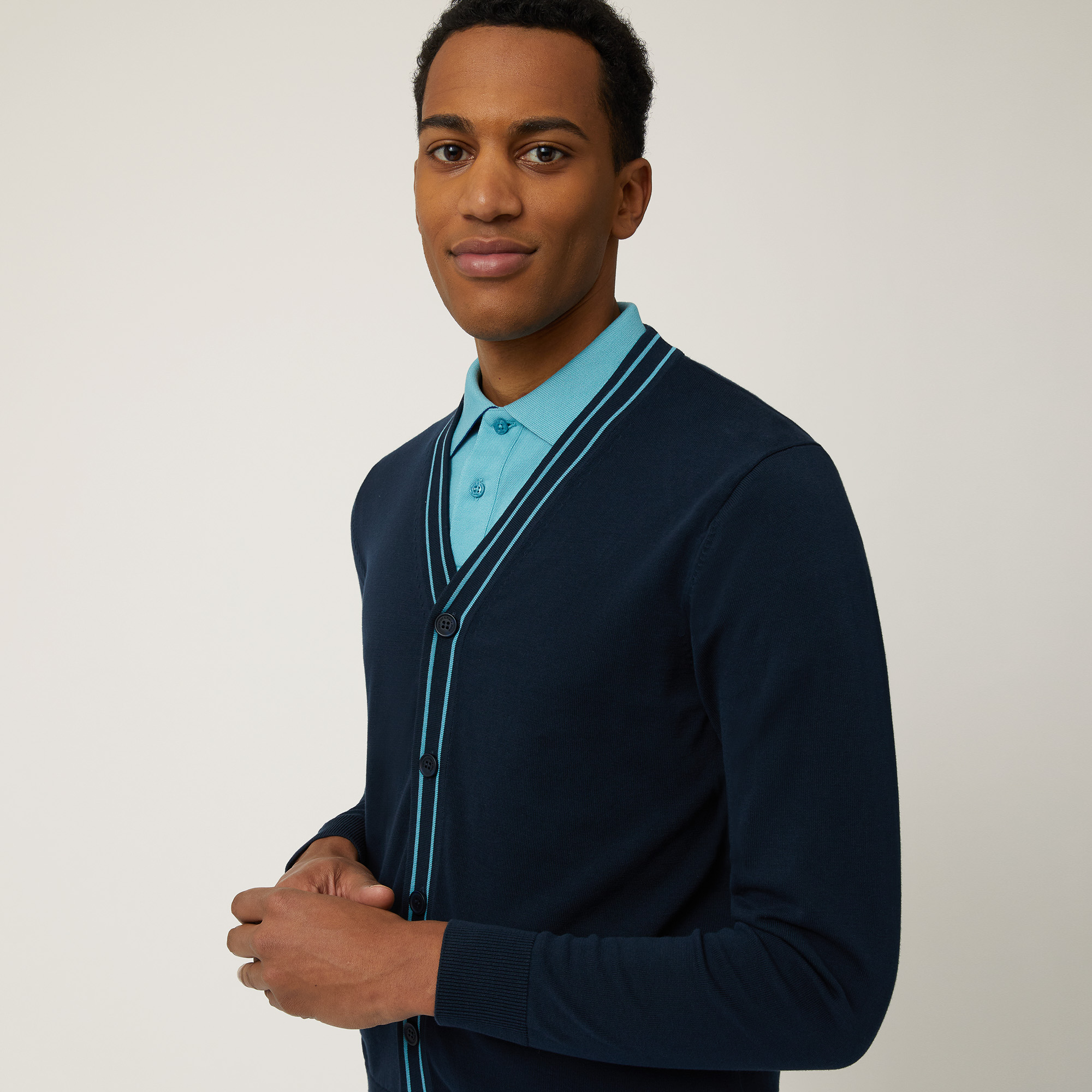 Cardigan with Striped Details, Dark Blue, large image number 2