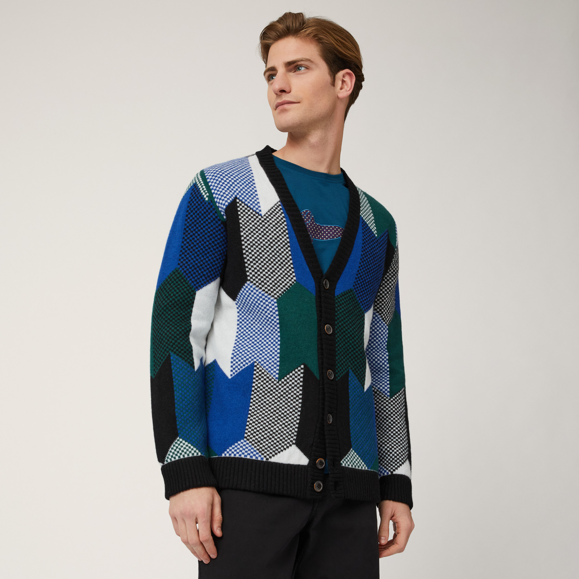 Cardigan Jacquard Color Block, Nero, large image number 0