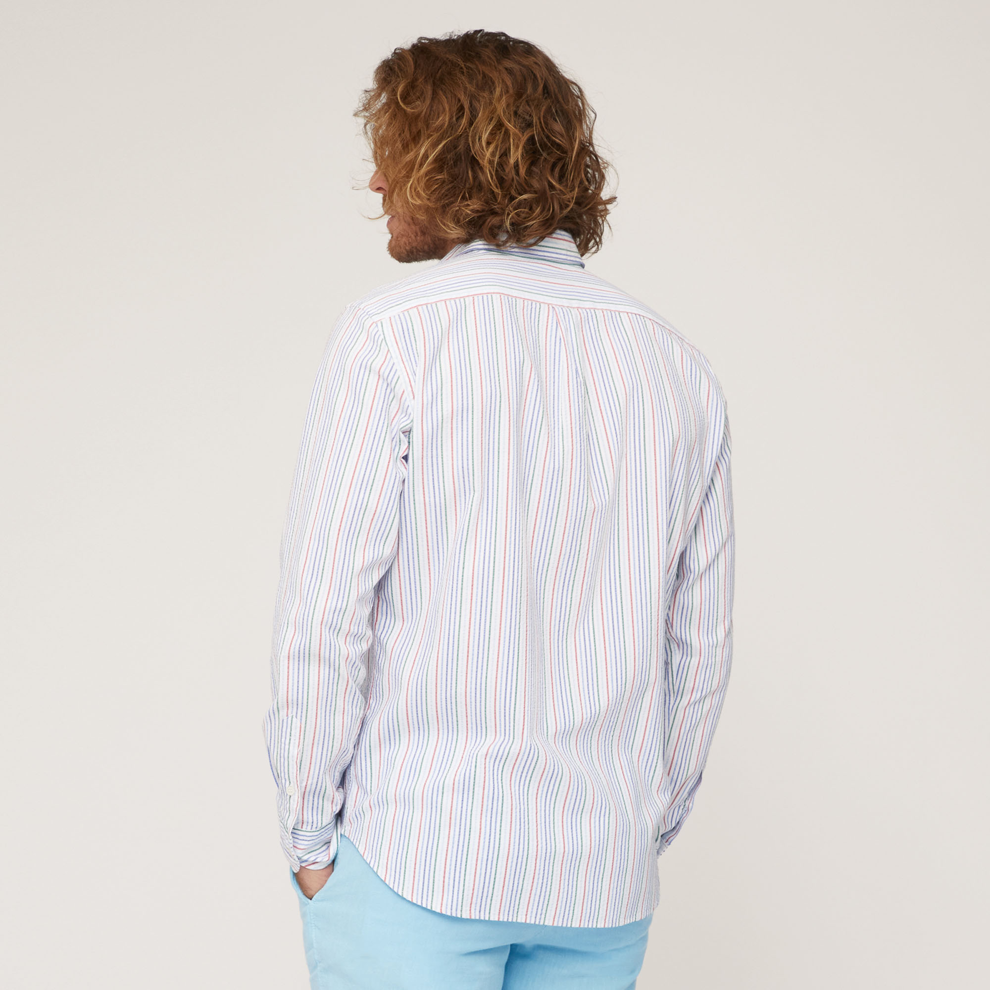 Multicolored Seersucker Stripe Cotton Shirt, White, large image number 1