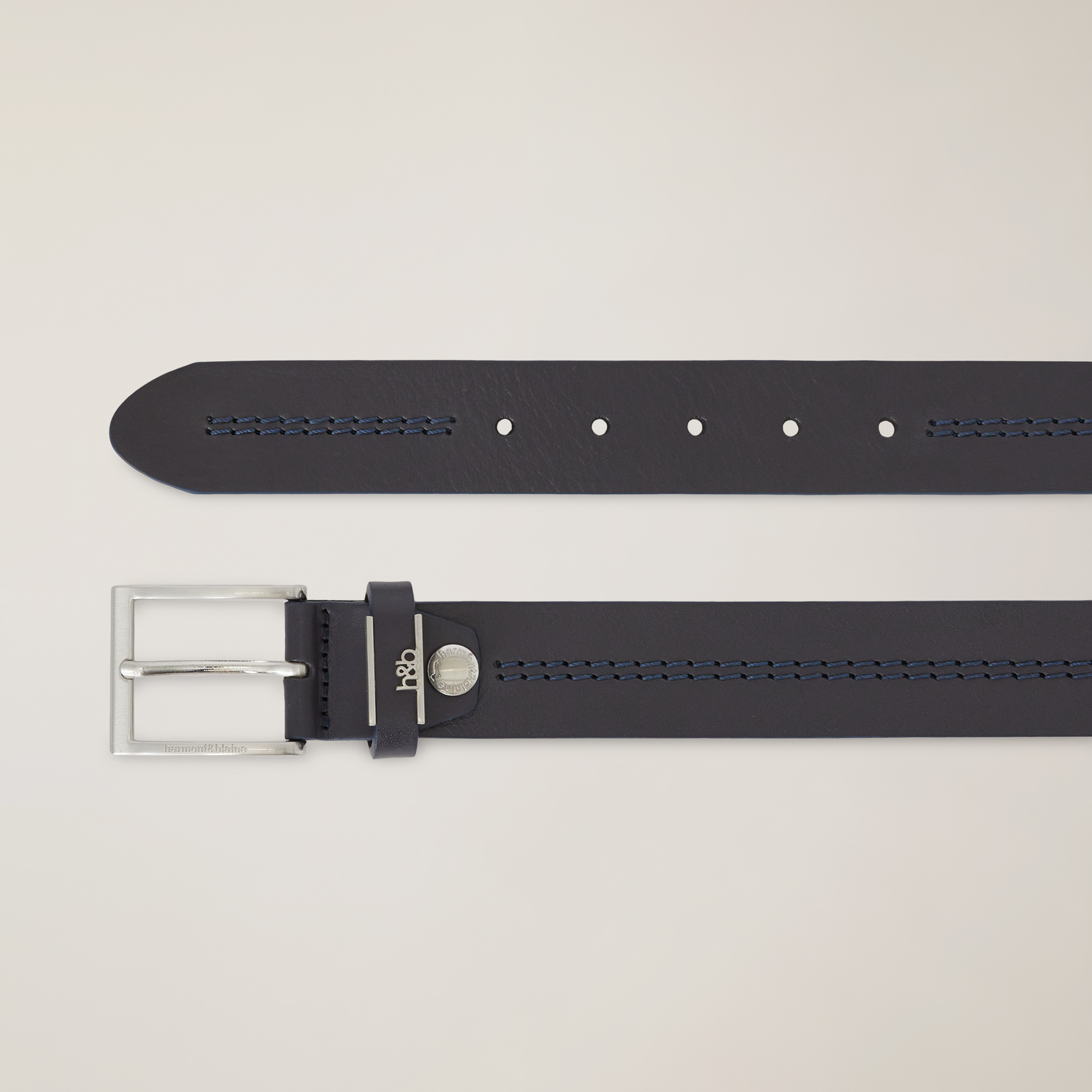 Leather Belt with Topstitching, Blue, large image number 1