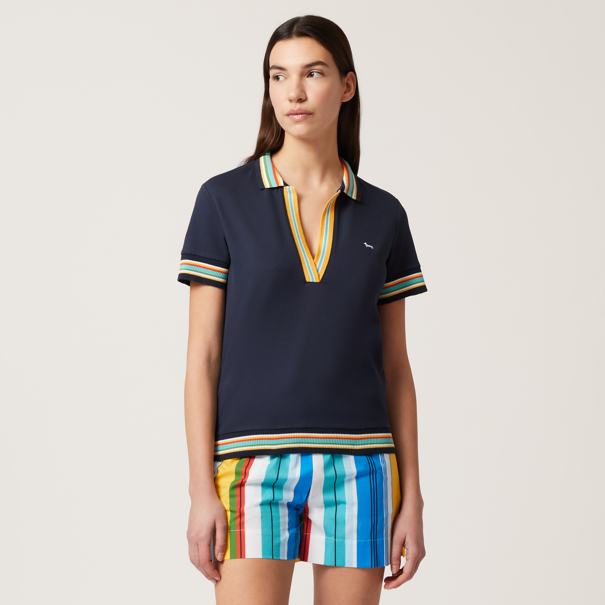 Polo with Striped Rib, Navy Blue, large