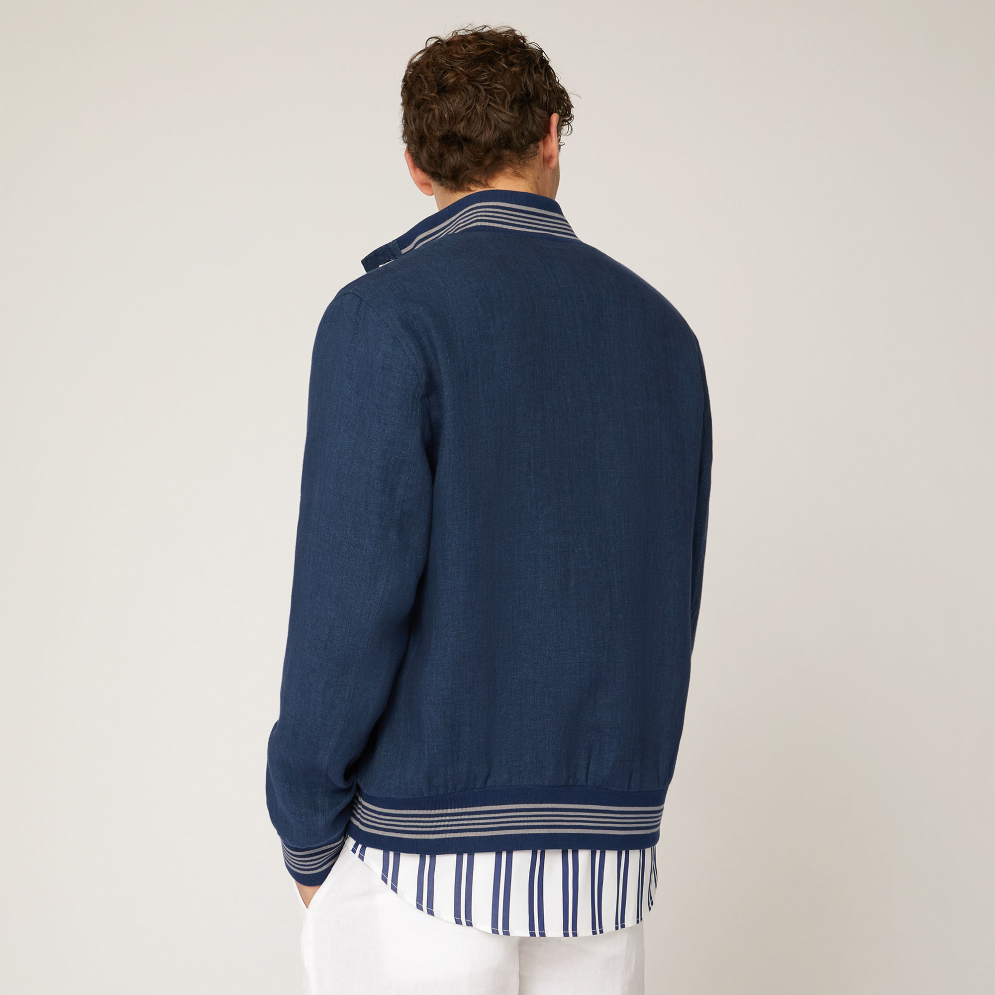 Linen Bomber Jacket with Striped Details