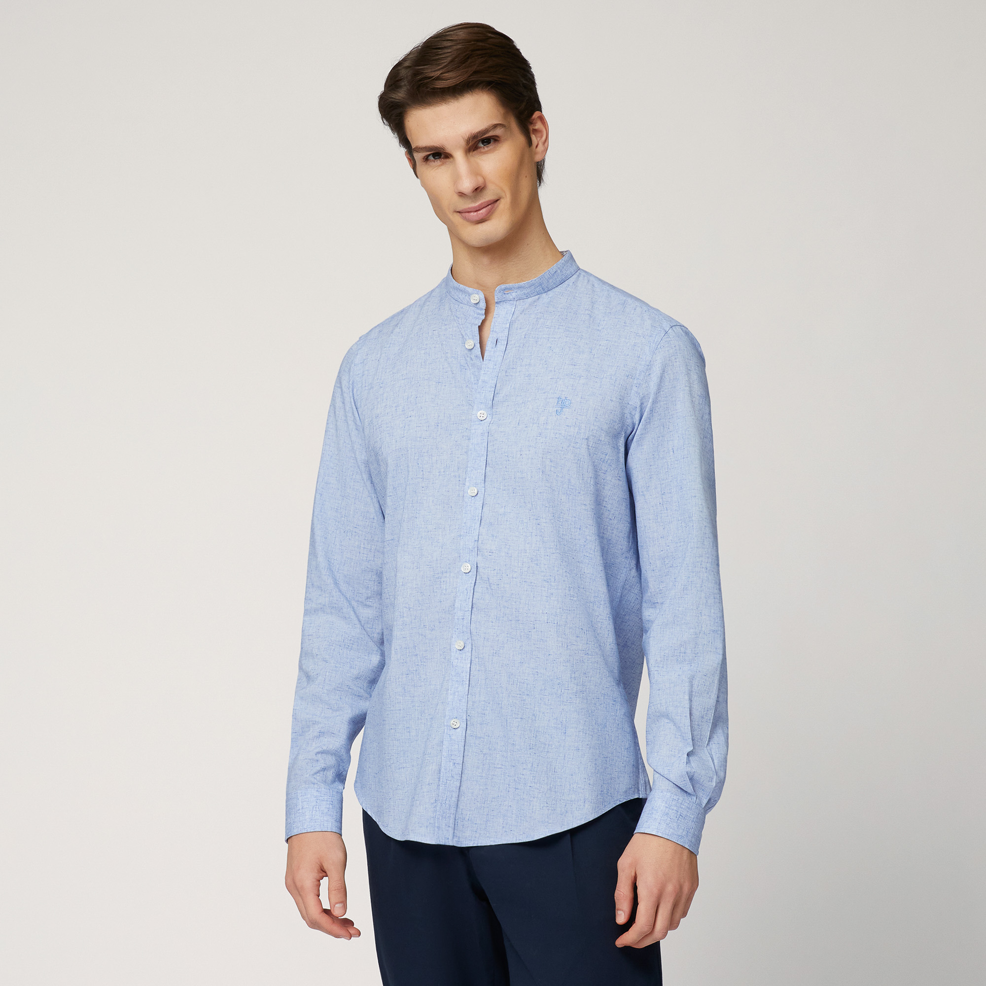 Cotton-Blend Mandarin-Collar Shirt, Sport Blue, large image number 0