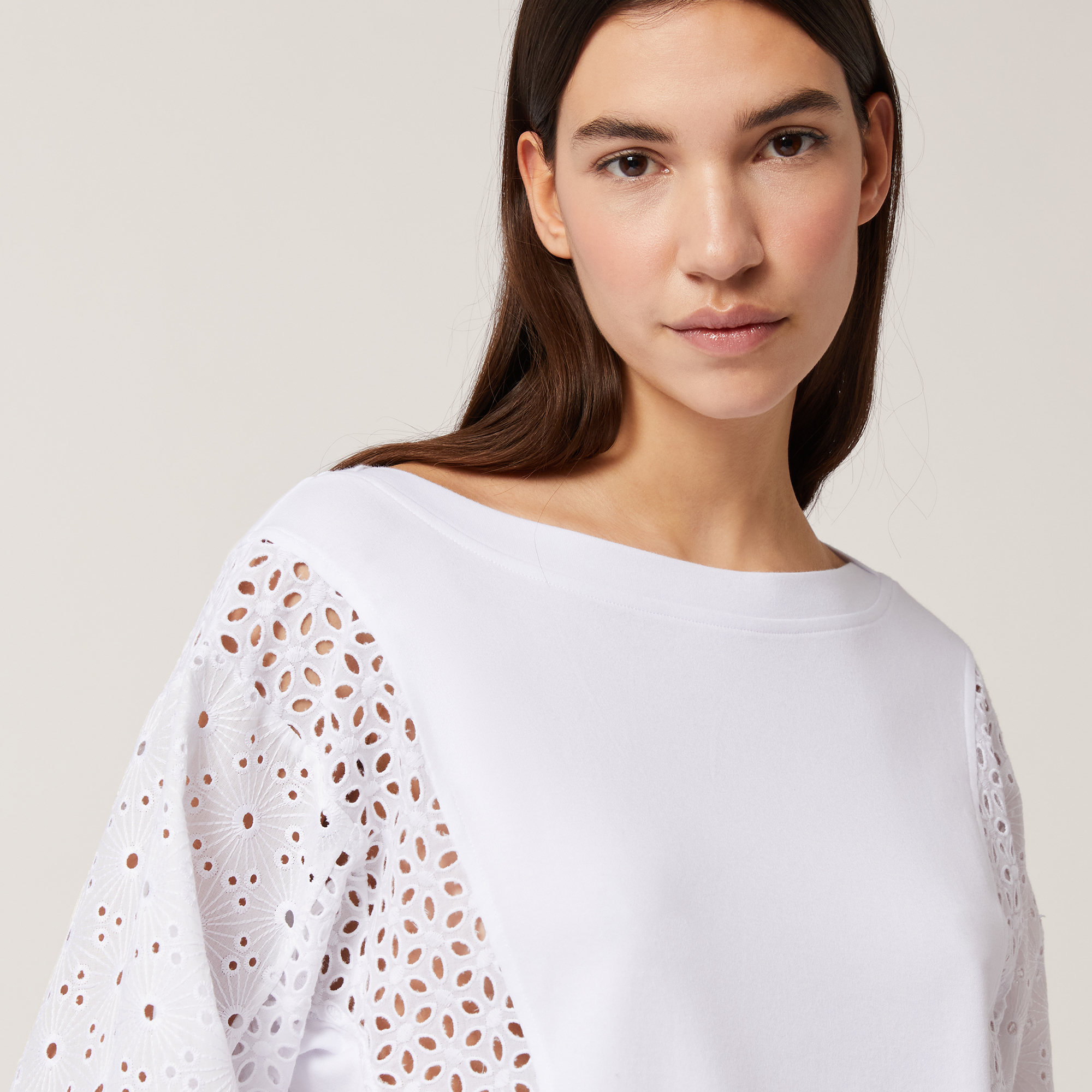 Sweatshirt with Broderie Anglaise Inserts, White, large image number 2