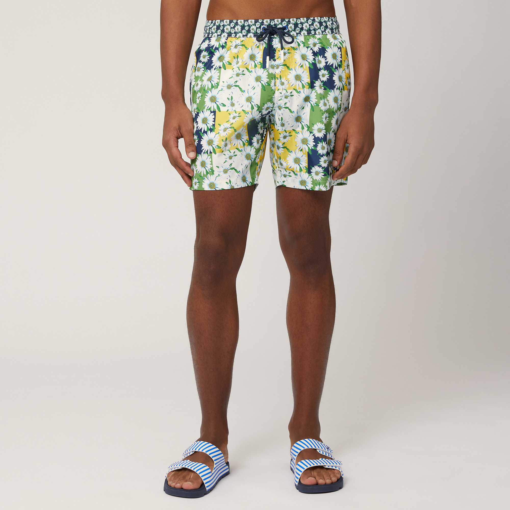 Swim Trunks with Squares and Daisies