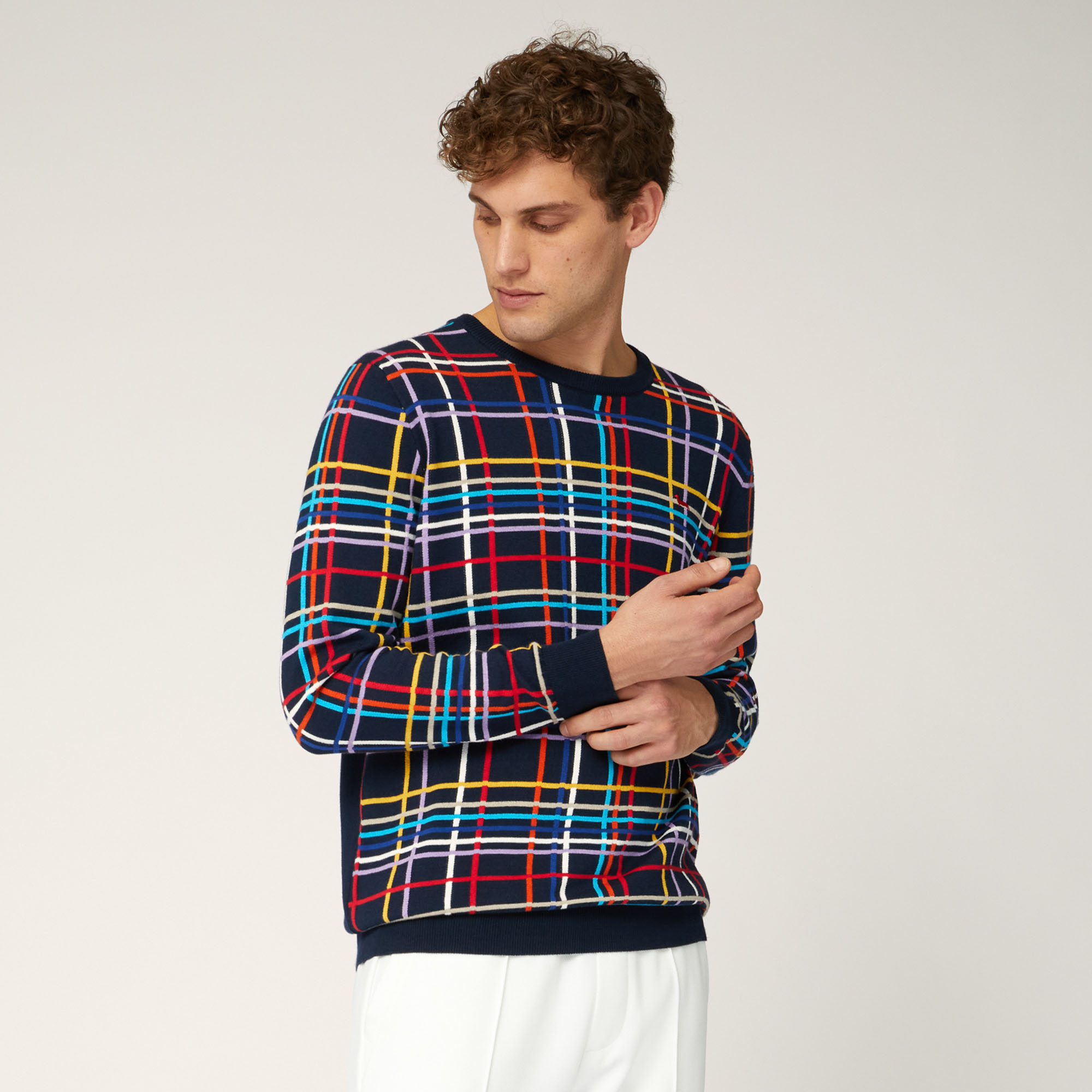 Organic Cotton Crew Neck Pullover with Color Block Squares