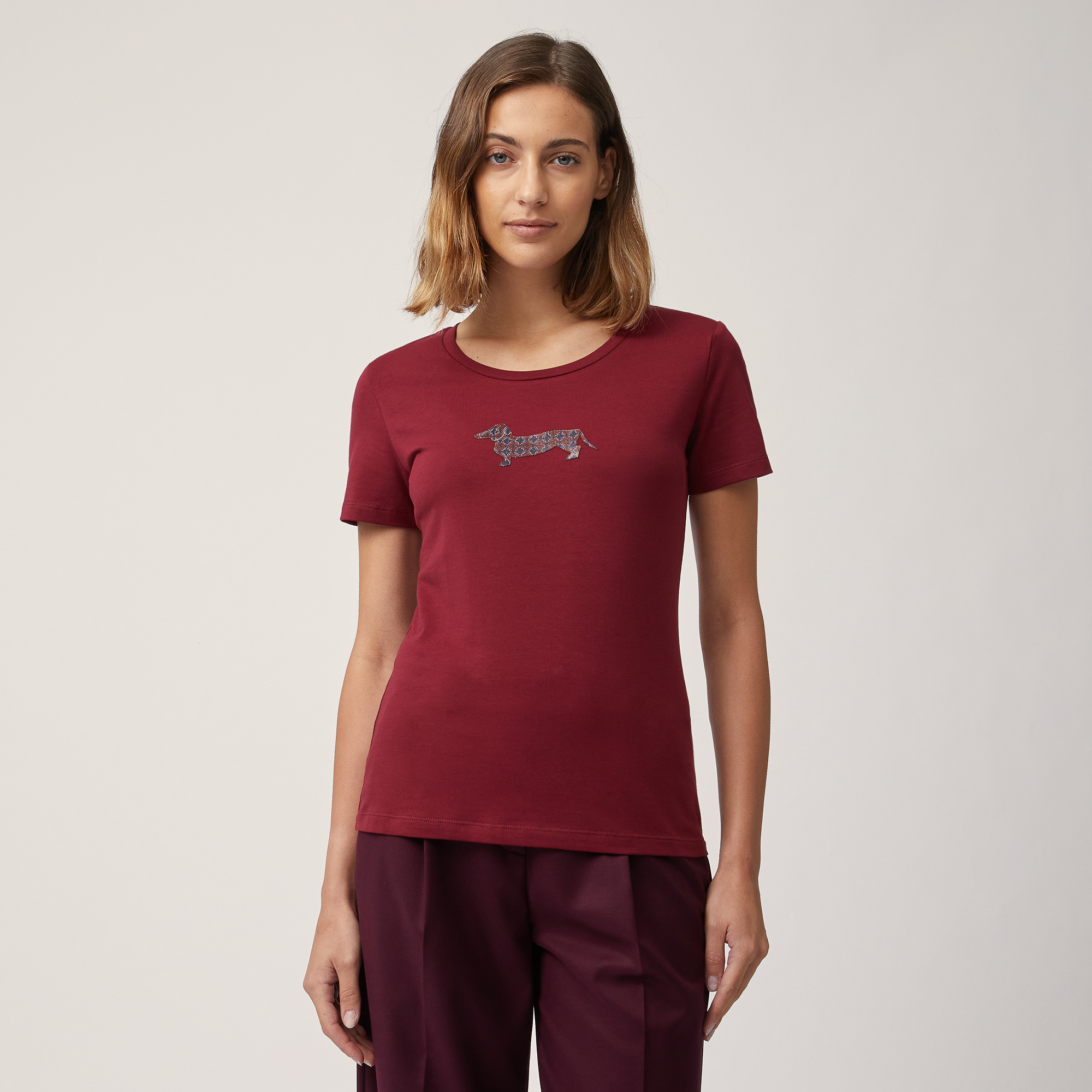 T-Shirt with Decorated Dachshund, Burgundy, large image number 0