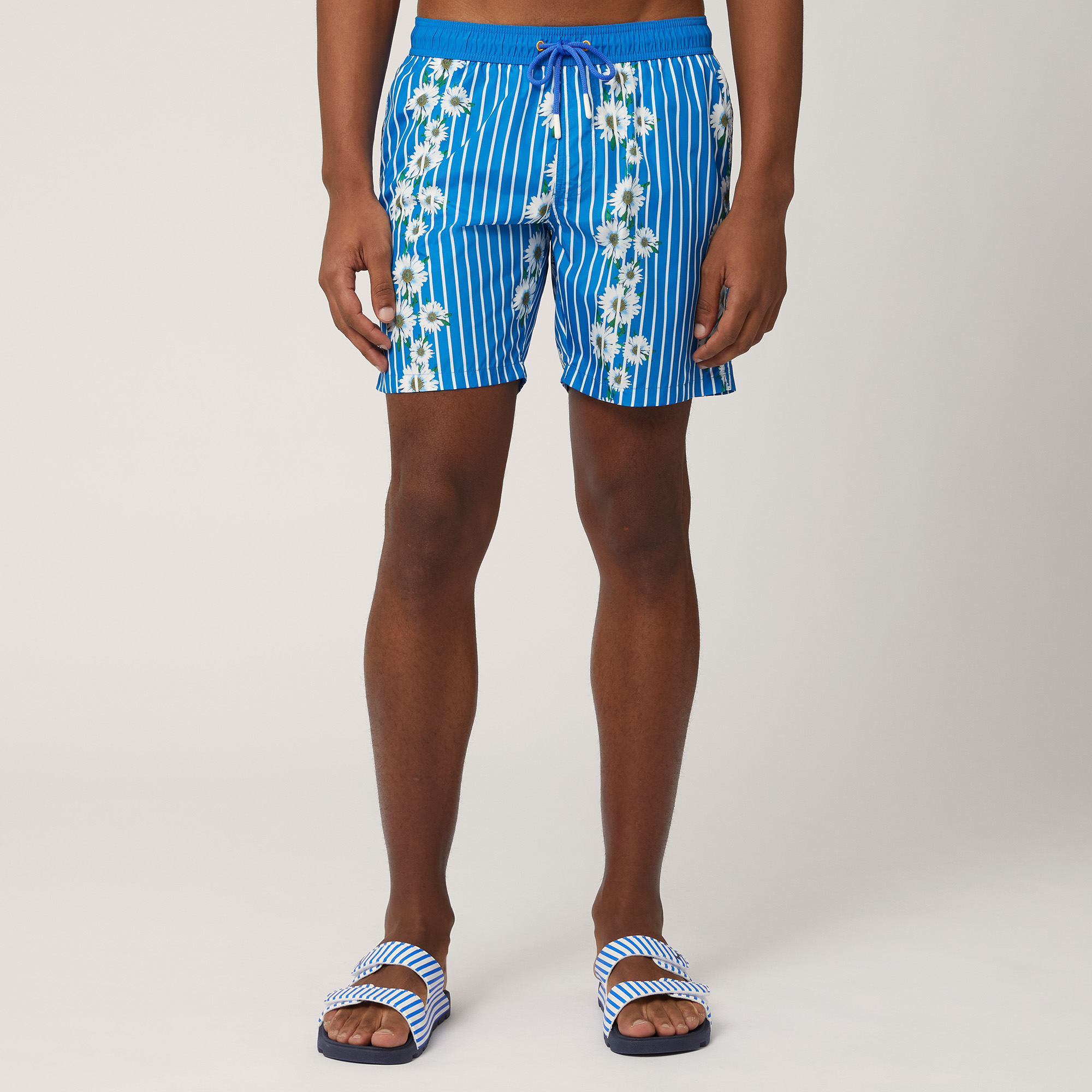 Swim Trunks with Stripes and Daisies, Light Blue, large image number 0