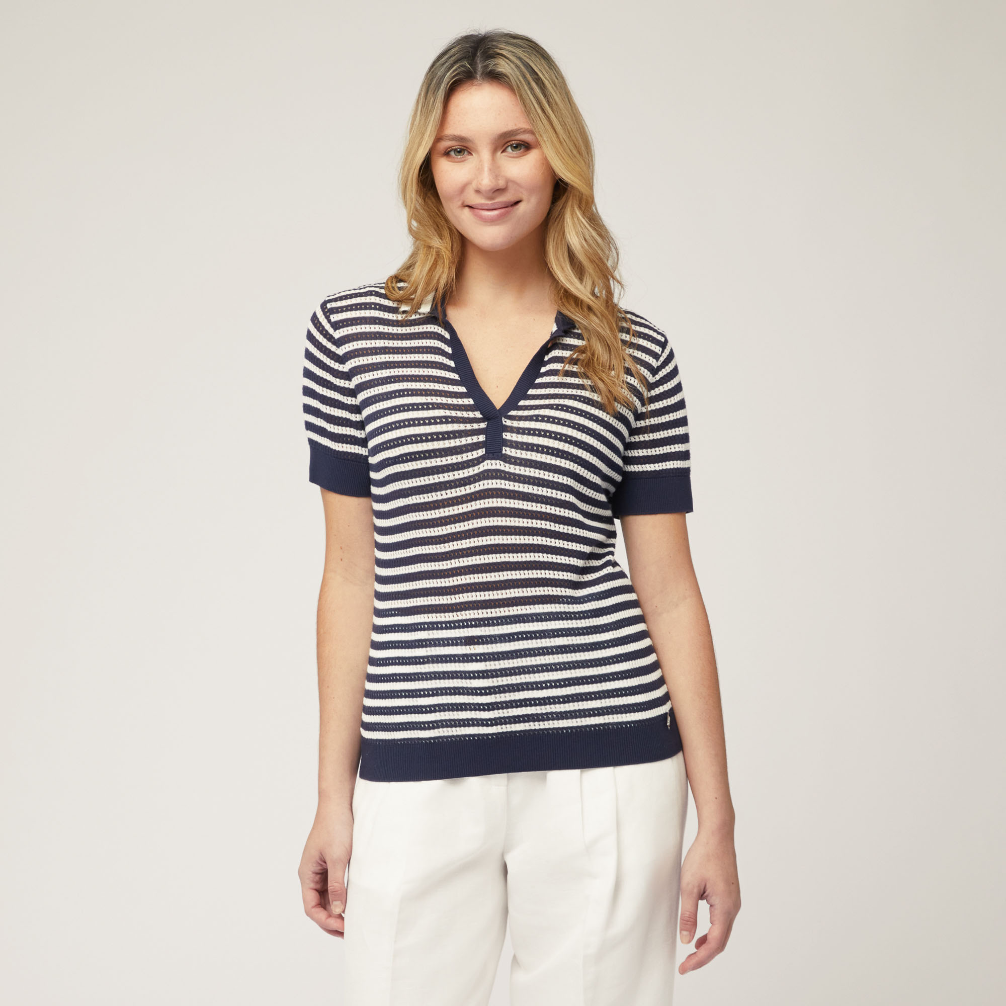 Striped Openwork Polo, Blue, large image number 0
