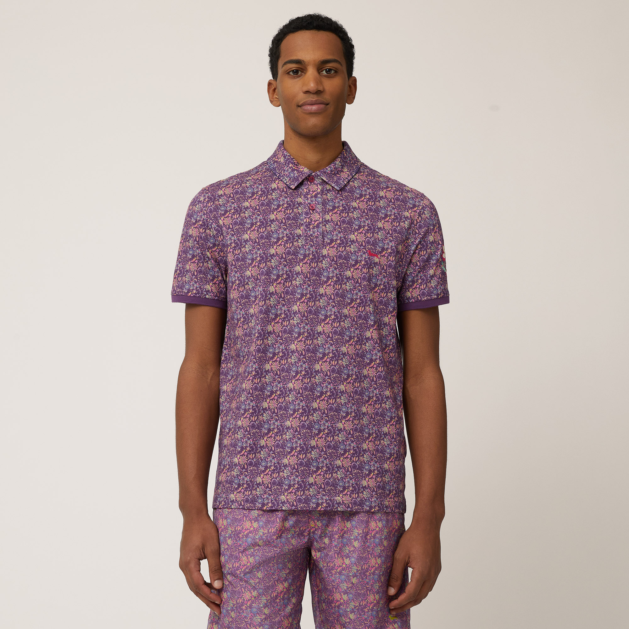 Cotton Polo with Flowers, Violet, large image number 0