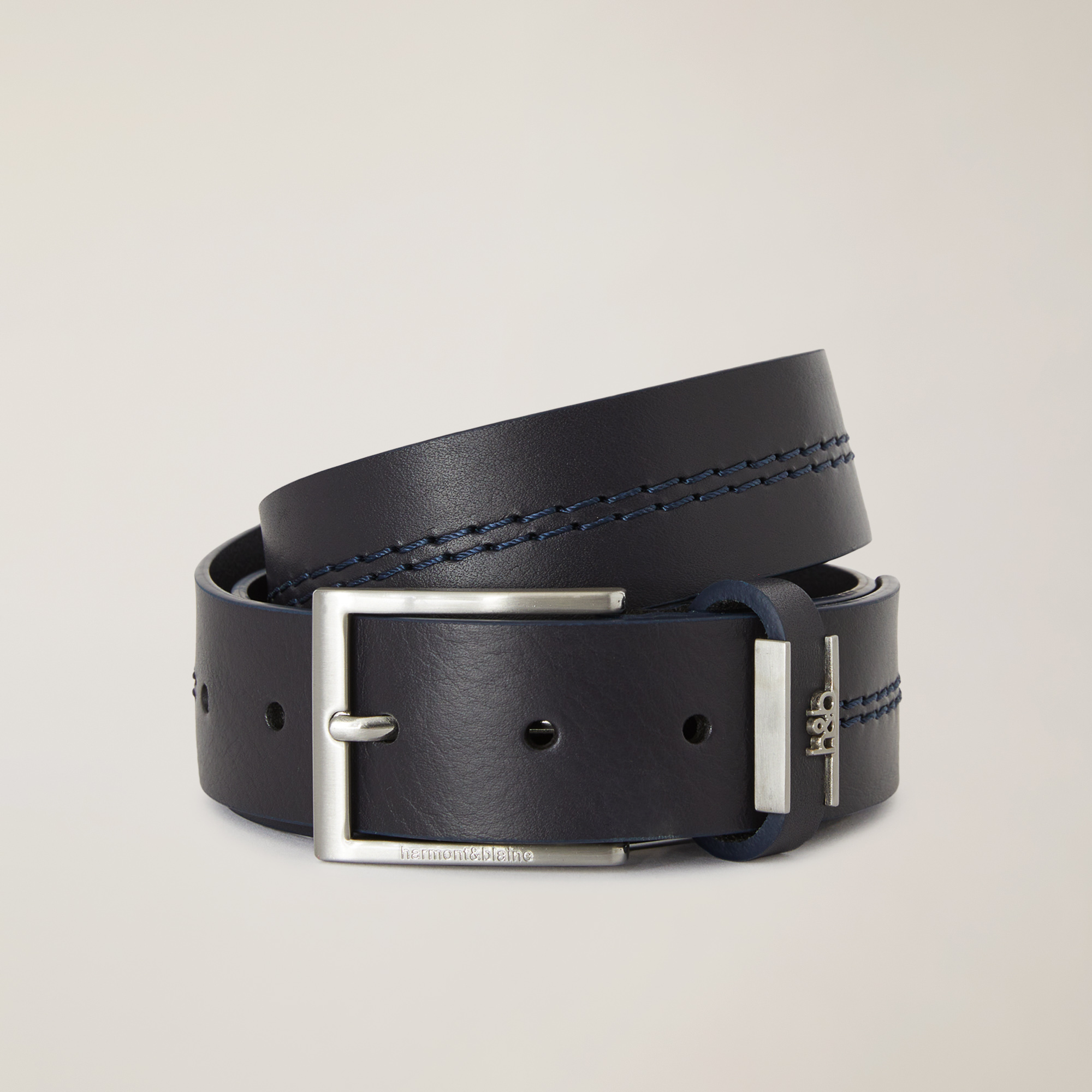 Leather Belt with Topstitching, Blue, large image number 0