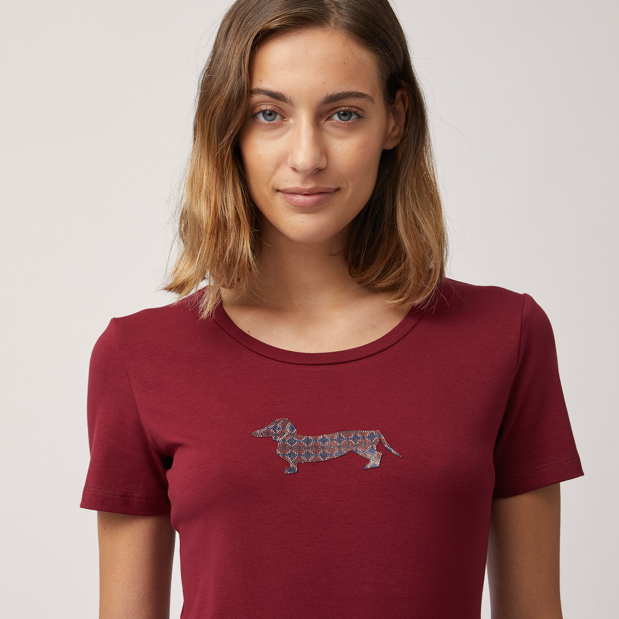 T-Shirt with Decorated Dachshund, Burgundy, large image number 2