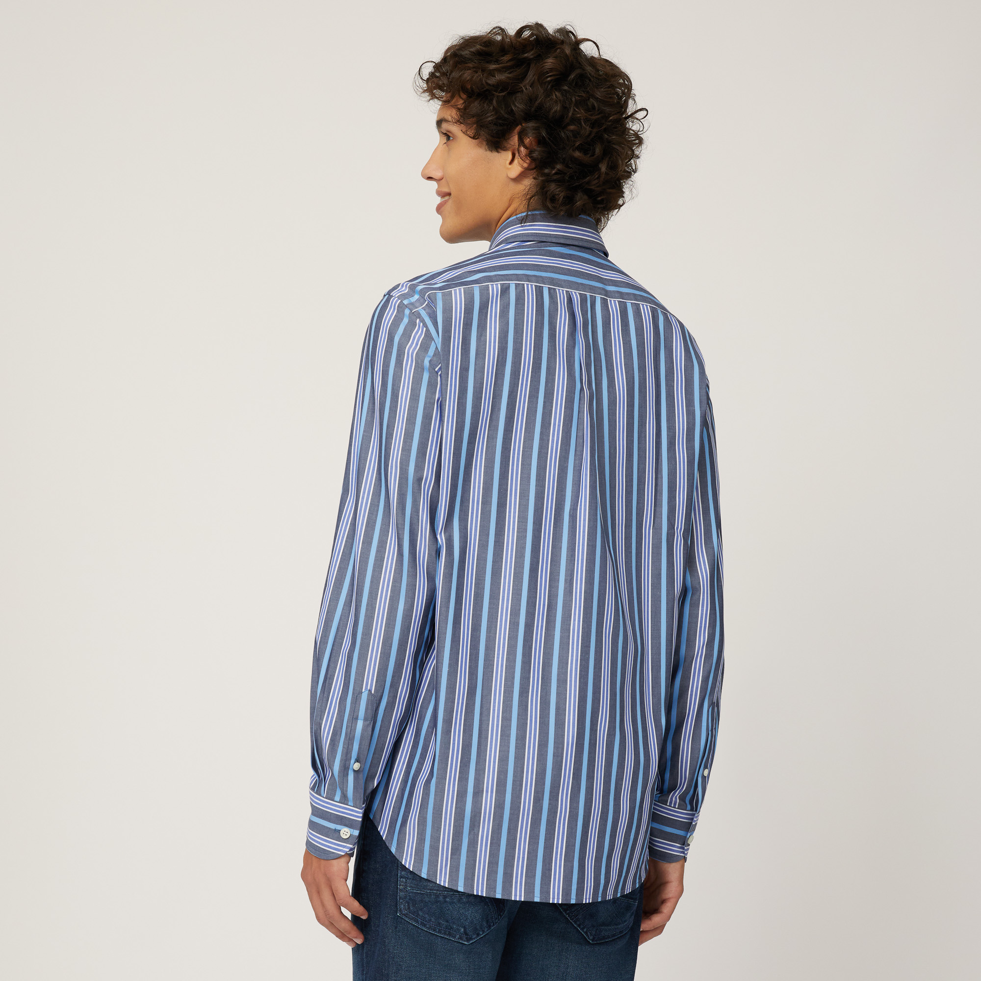 Camicia In Cotone Multirighe, Azzurro Sport, large image number 1