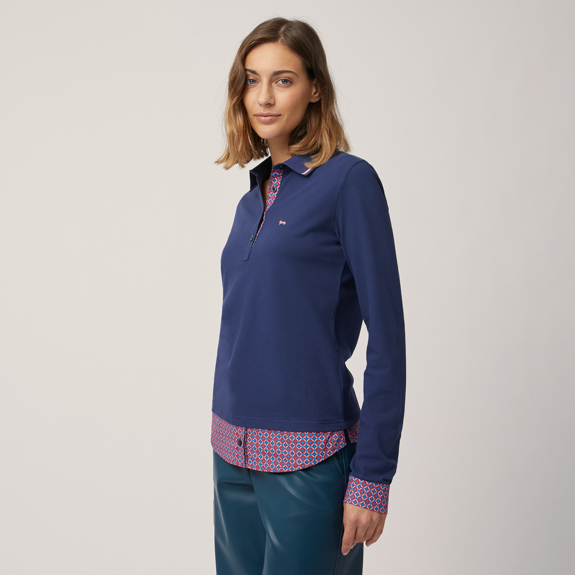 Polo Con Inserti Stile Camicia, Blu, large