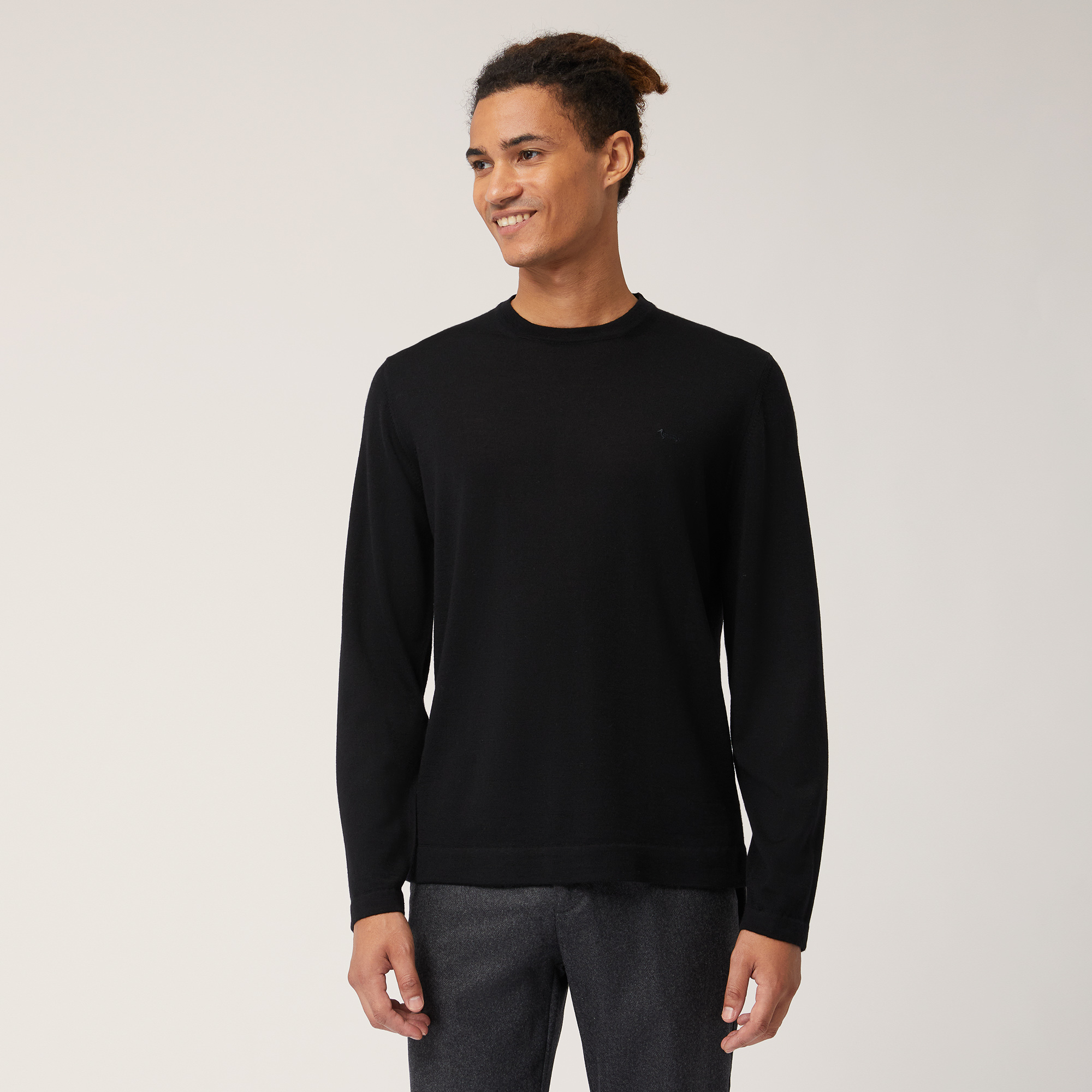 Wool Long-Sleeved Sweater, Black , large