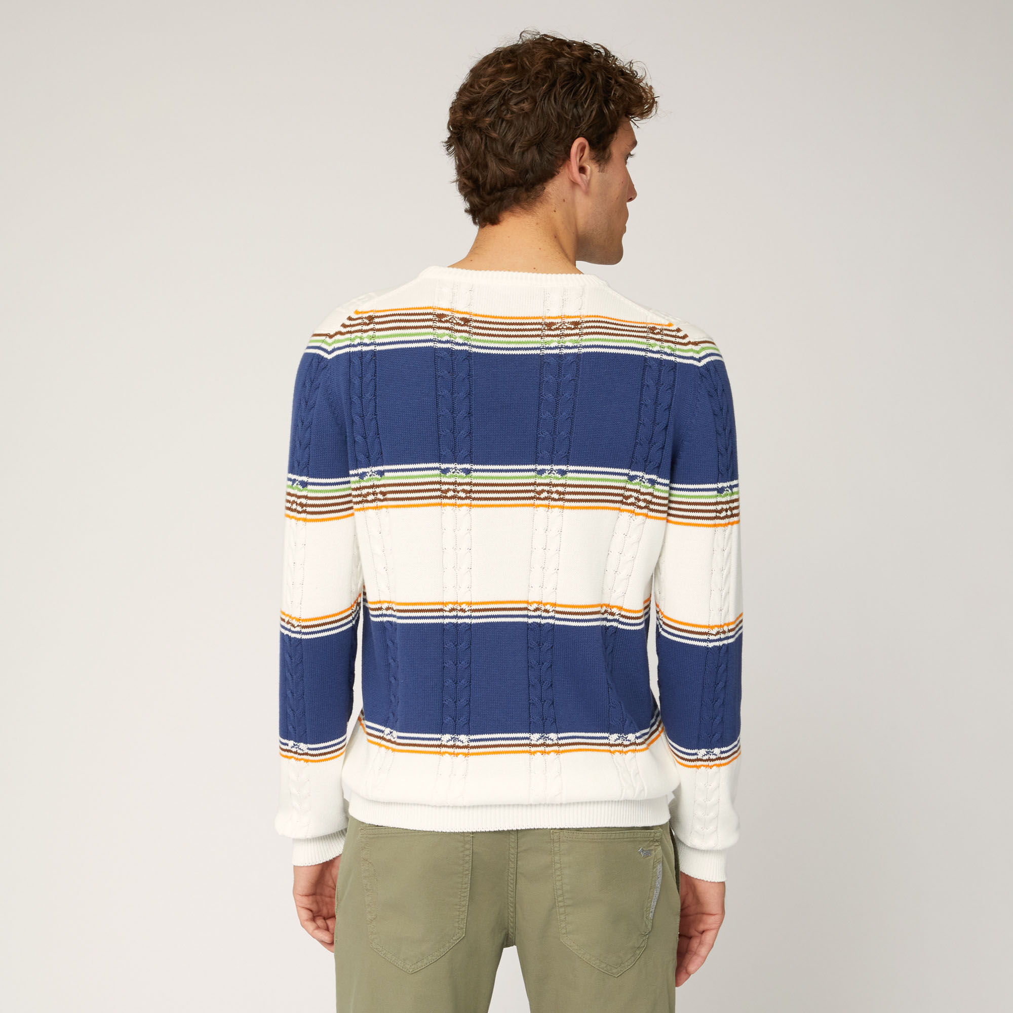 Organic Cotton Crew Neck Pullover with Stripes and Cable Knit