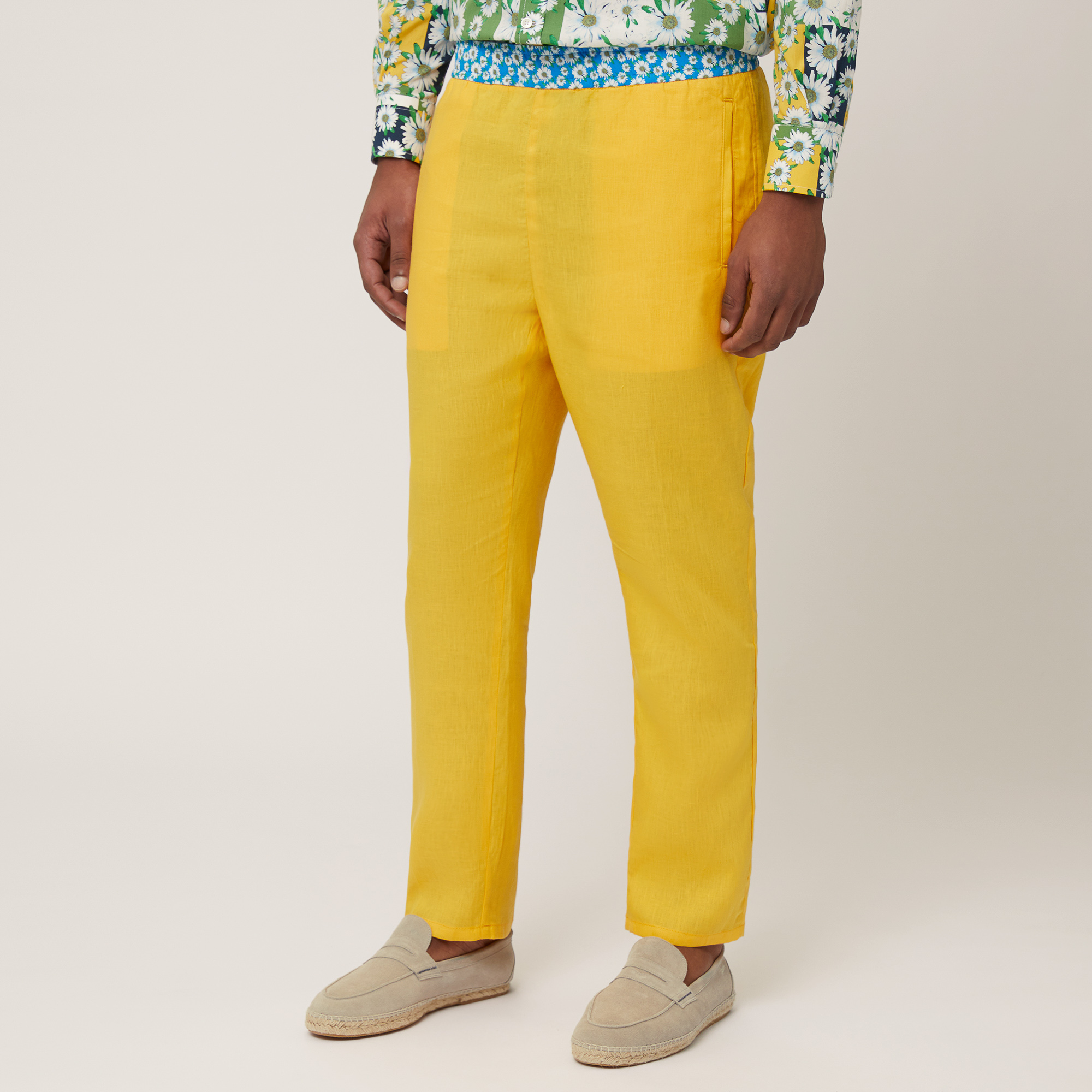 Linen Pants with Daisies, Canary Yellow, large