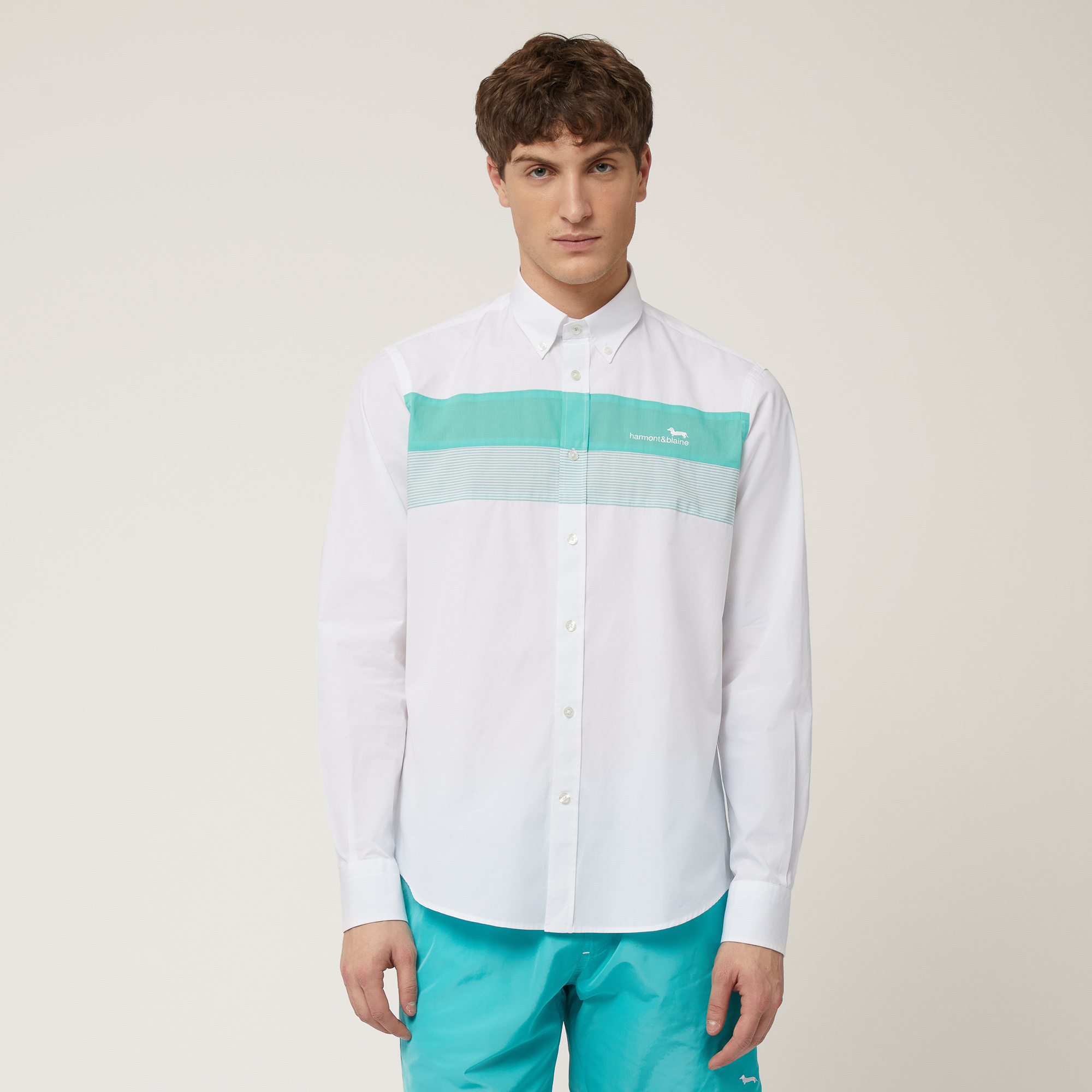 Shirt with Contrasting Bands, Turquoise, large image number 0