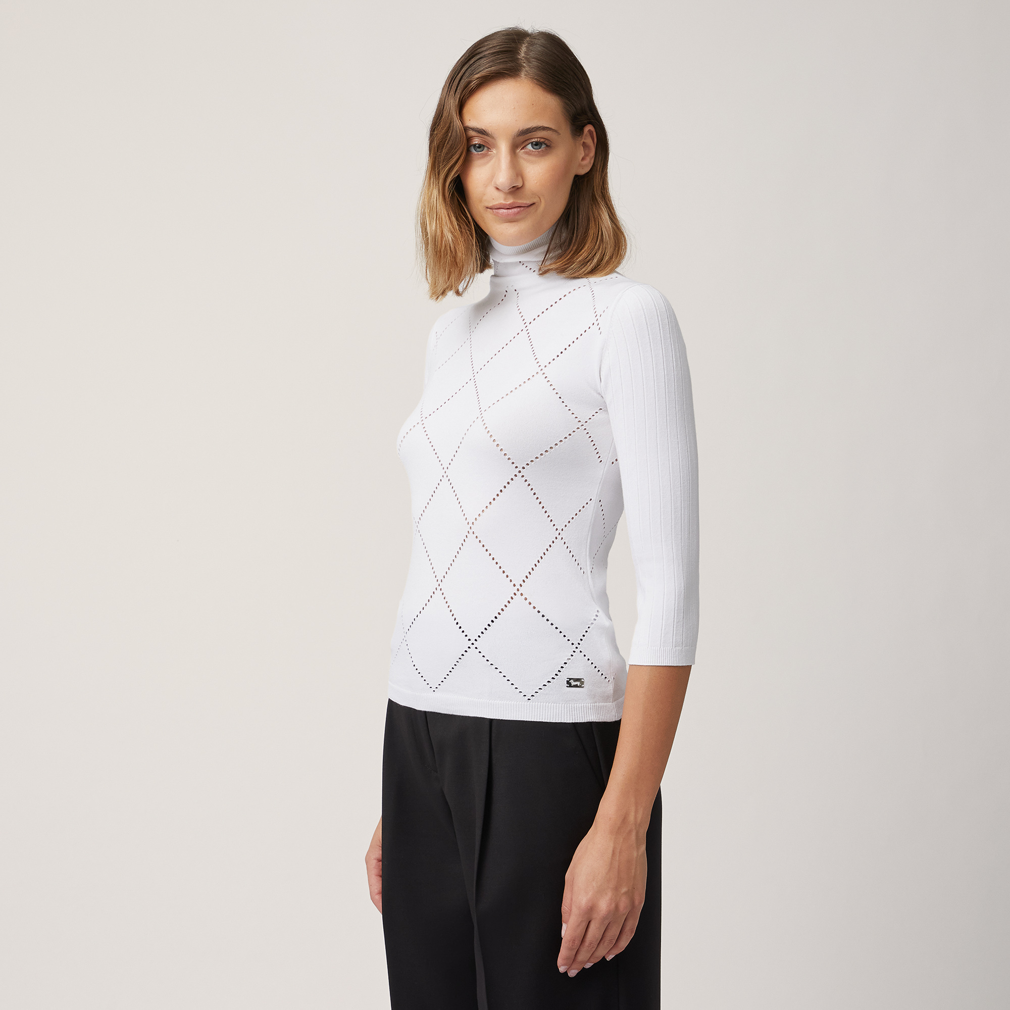 Turtleneck with Openwork Diamonds, Bianco, large image number 0