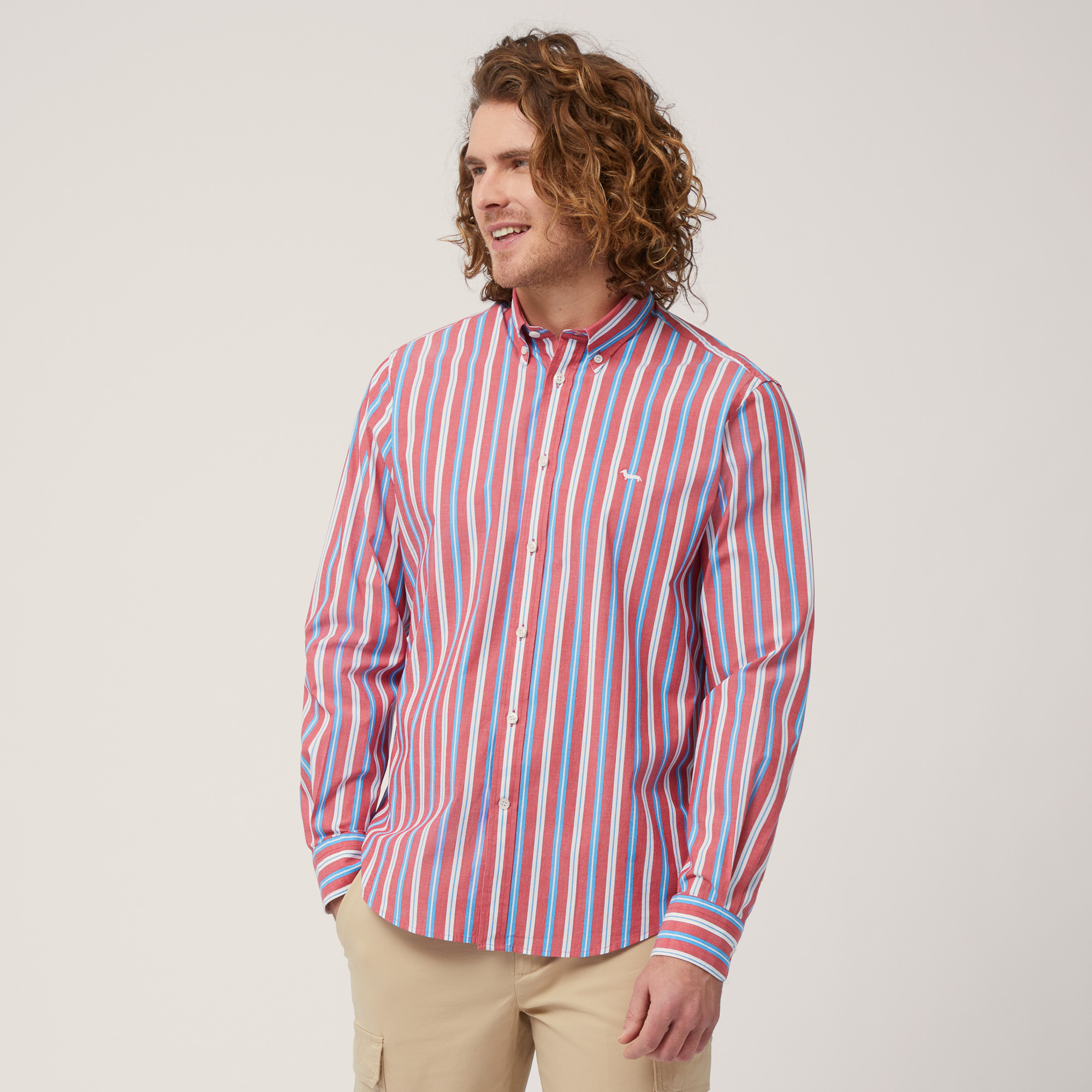 Stretch Cotton Shirt with Alternating Stripes, Light Red, large