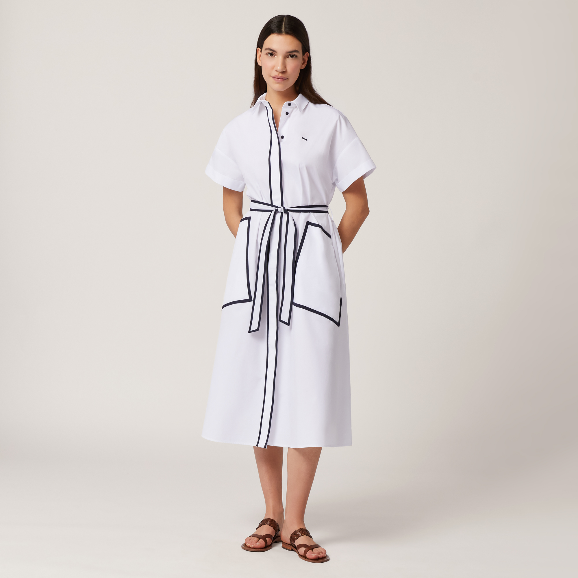 Shirt Dress with Contrasting Trims, White, large image number 0