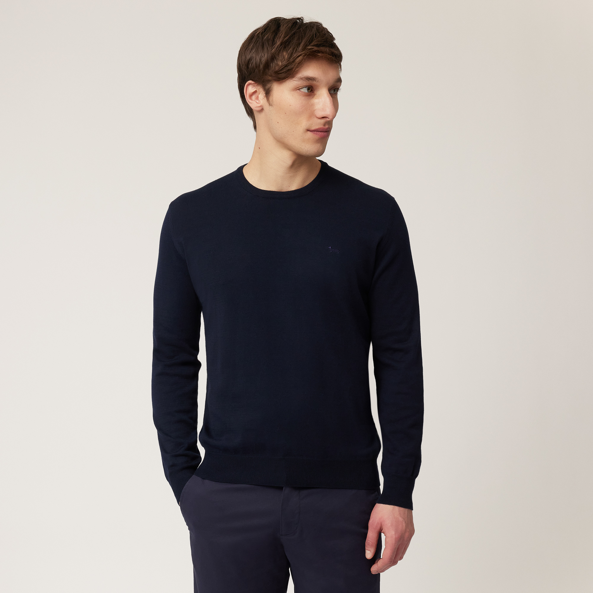 Cotton Crew Neck Pullover, Navy Blue, large image number 0