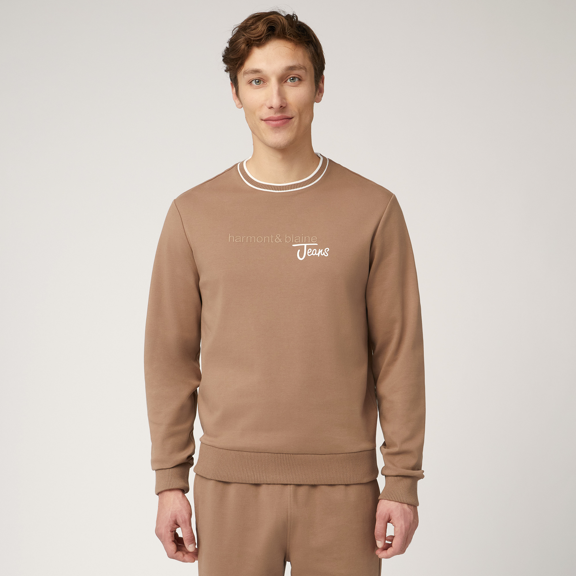 Cotton Sweatshirt with Lettering, Light Brown, large