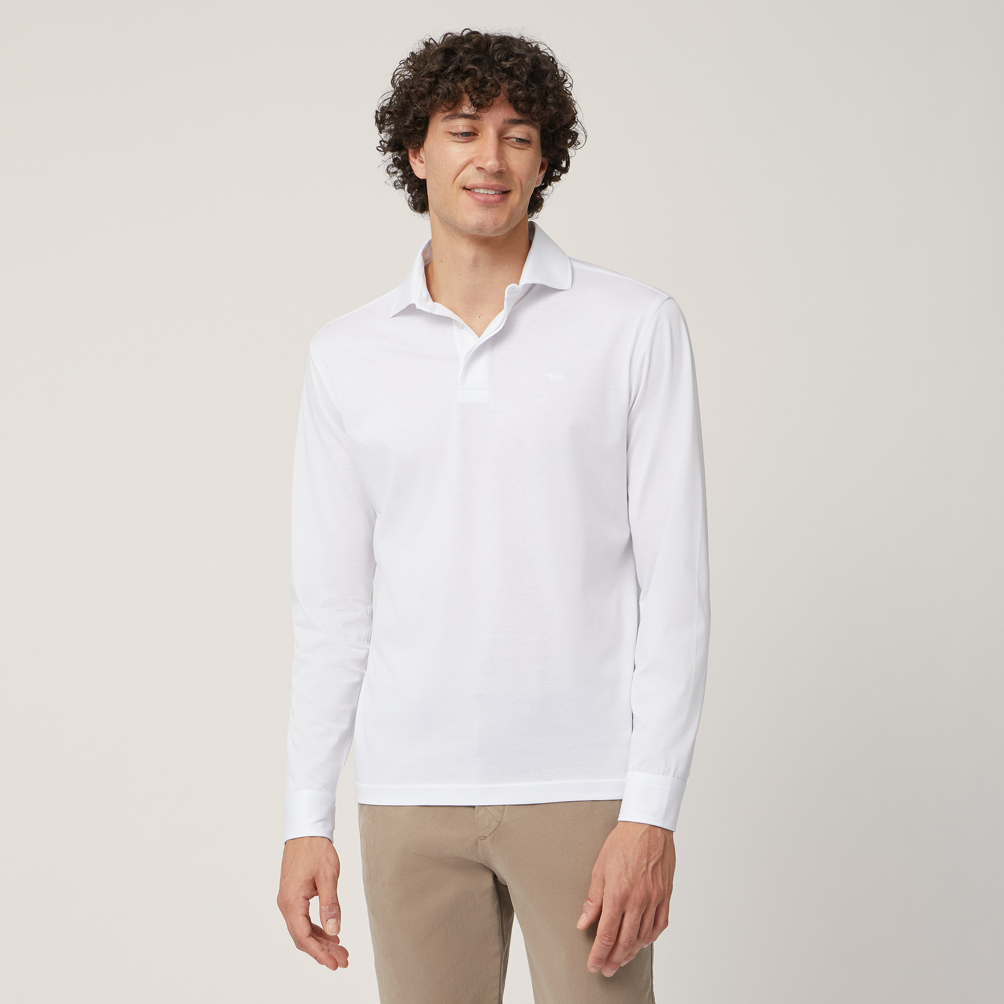 Polo Maniche Lunghe In Jersey, Bianco, large