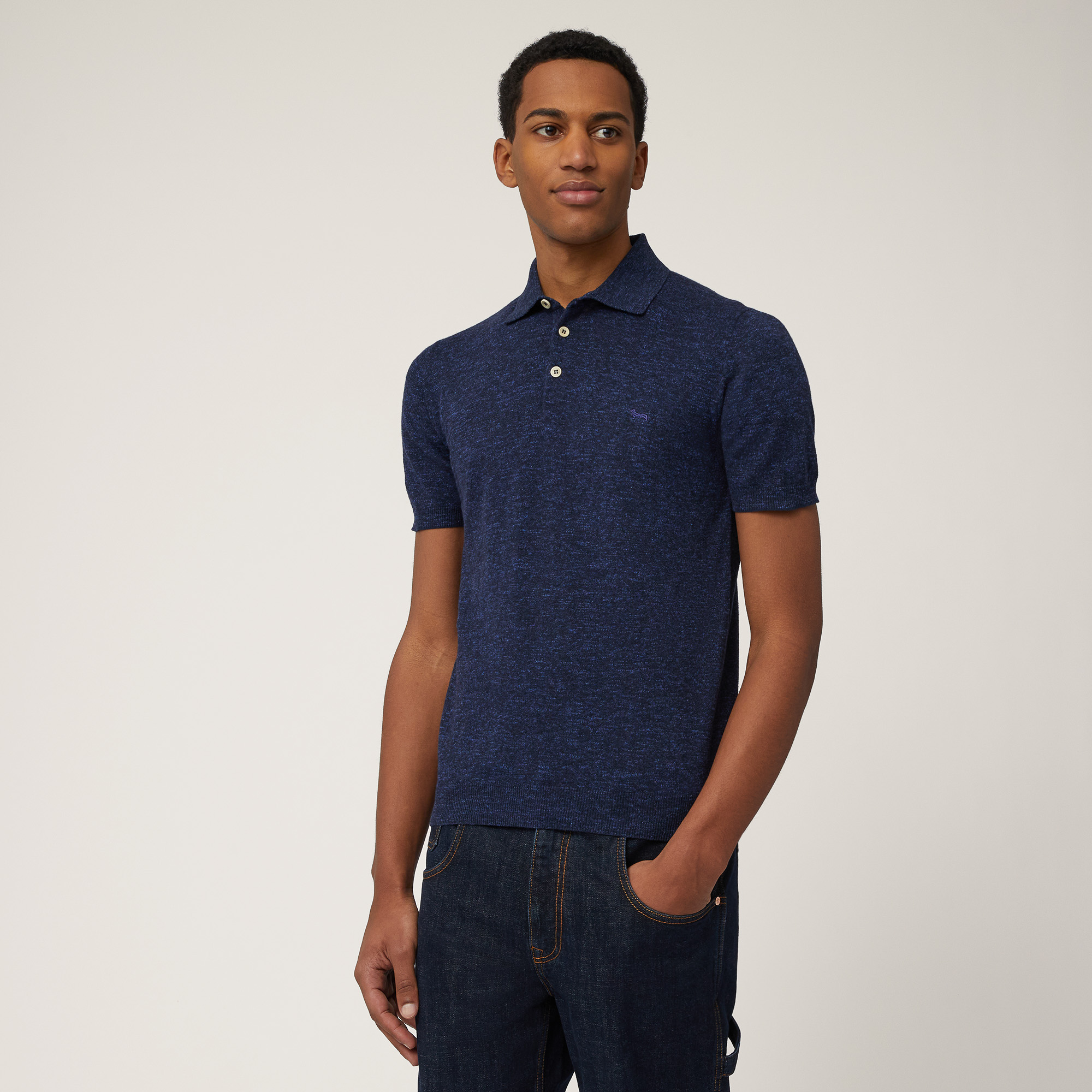 Slub Tweed Polo Shirt, Navy Blue, large image number 0