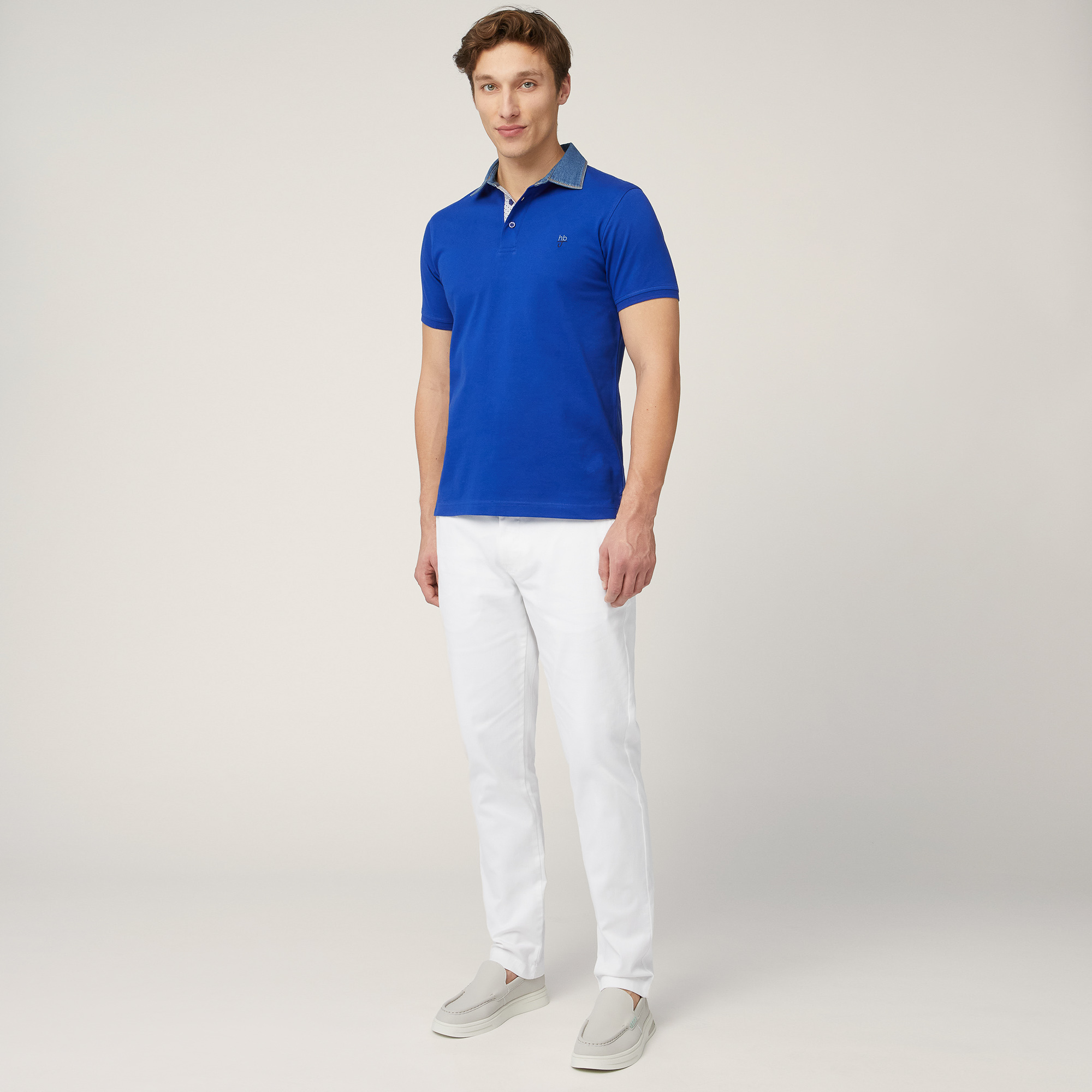 Polo-Shirt with Denim Collar, Electric Blue, large image number 3