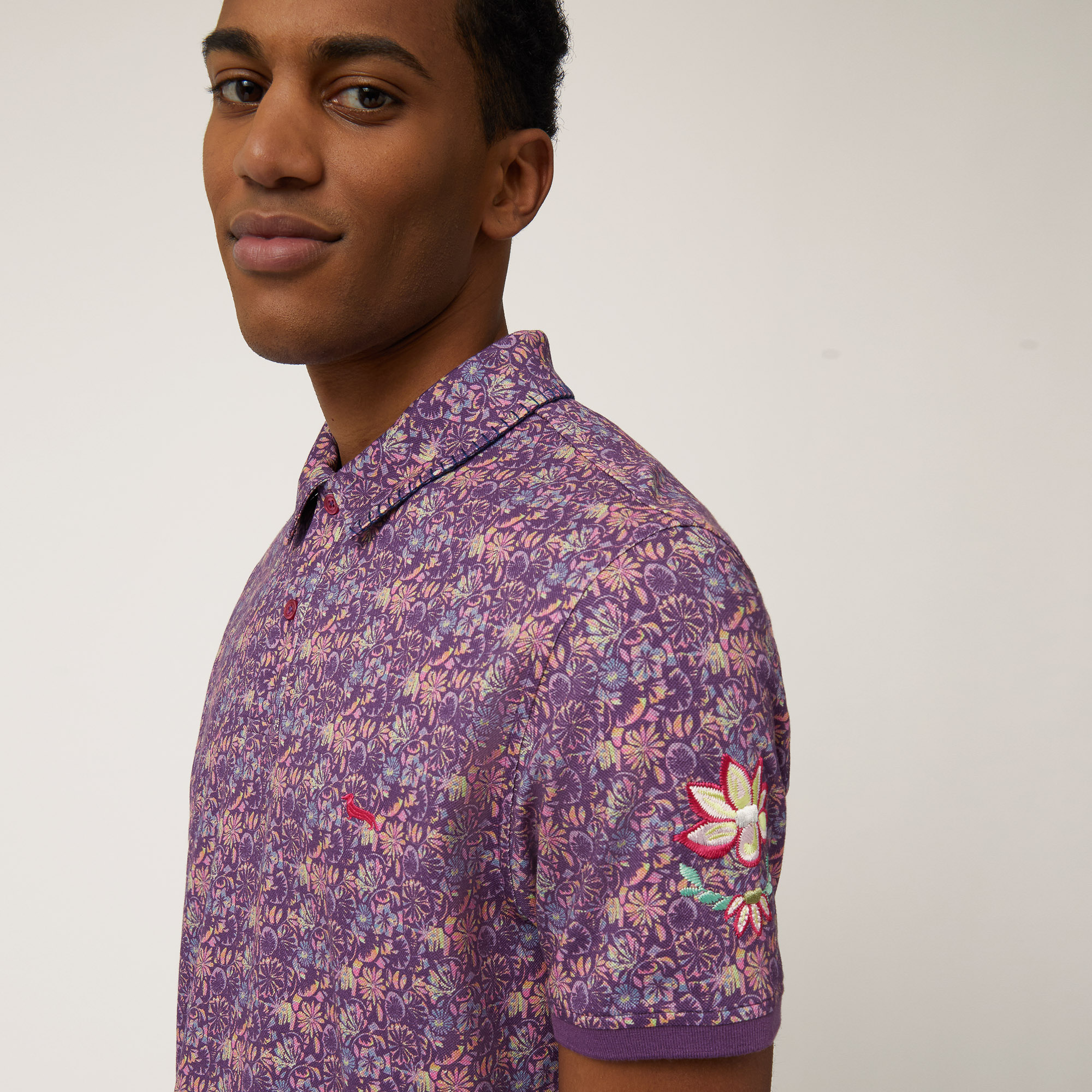 Cotton Polo with Flowers, Violet, large image number 2