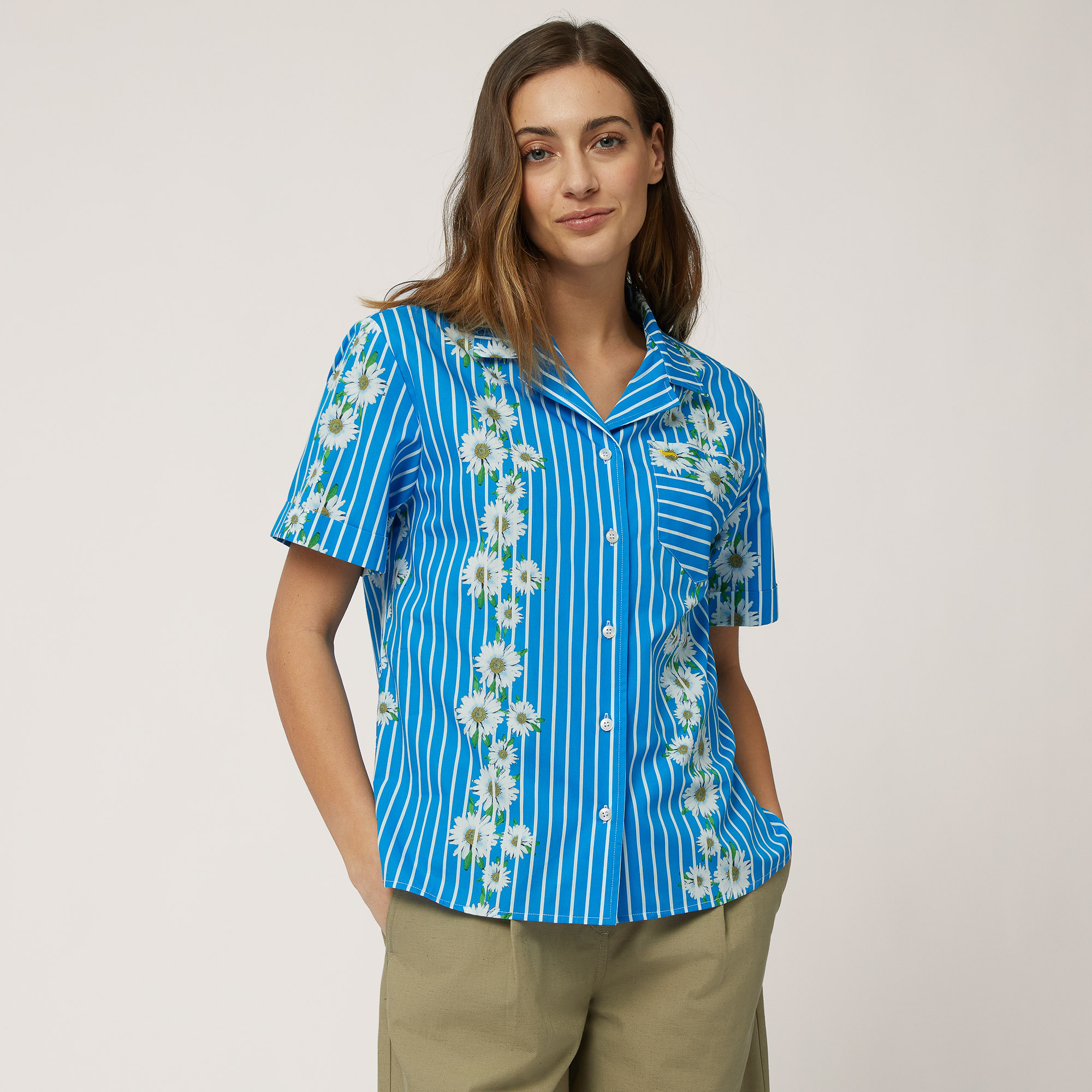 Striped and Daisy-Print Shirt, Light Blue, large image number 0