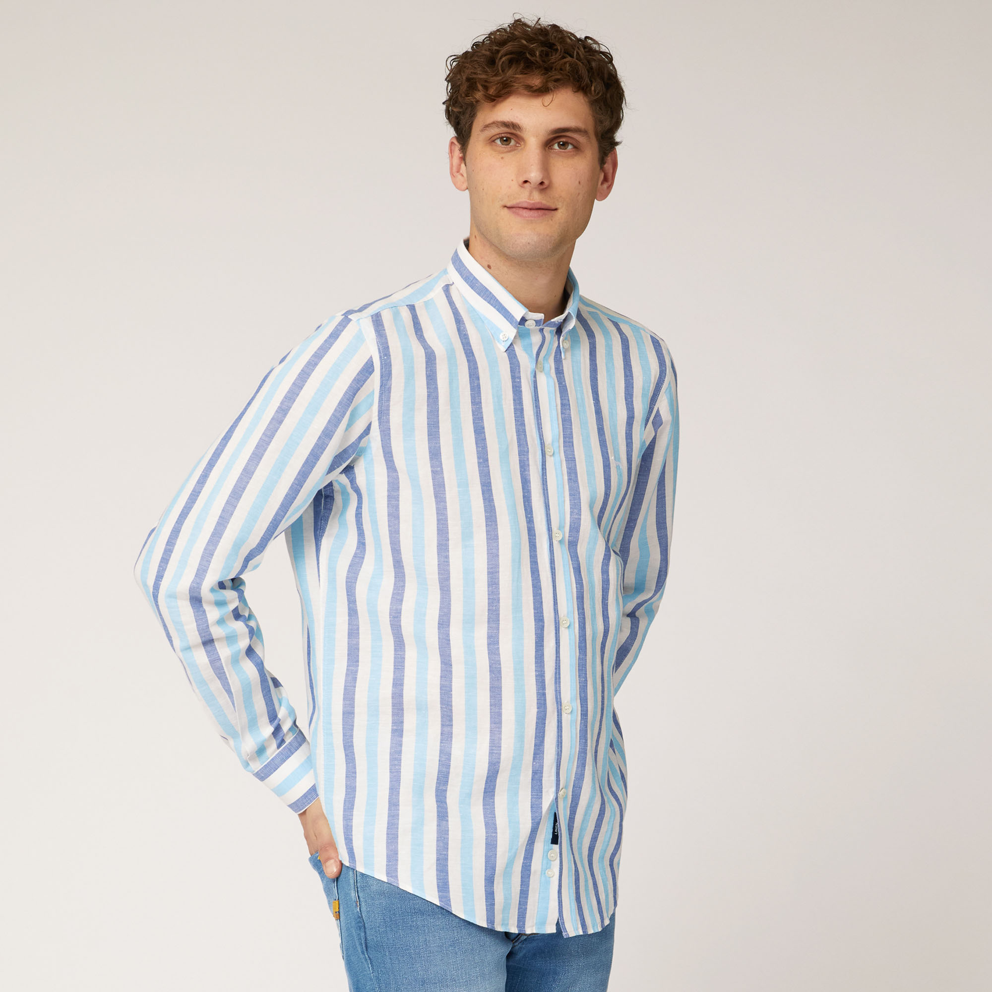 Striped Linen and Cotton Shirt, Light Blue, large image number 0