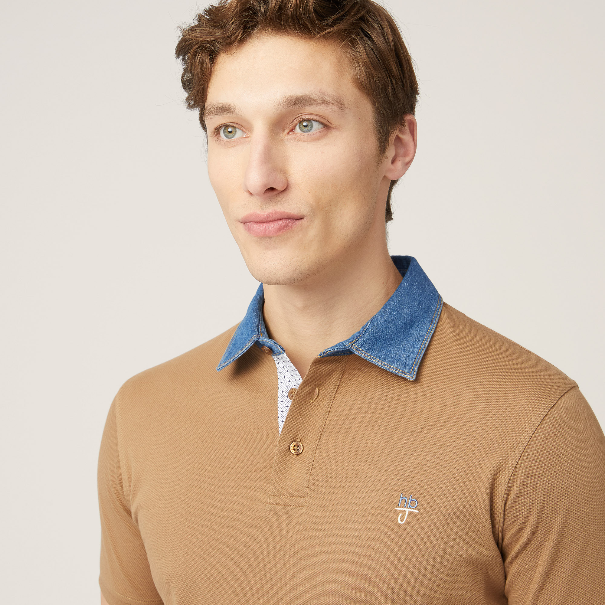 Polo-Shirt with Denim Collar, Light Brown, large image number 2